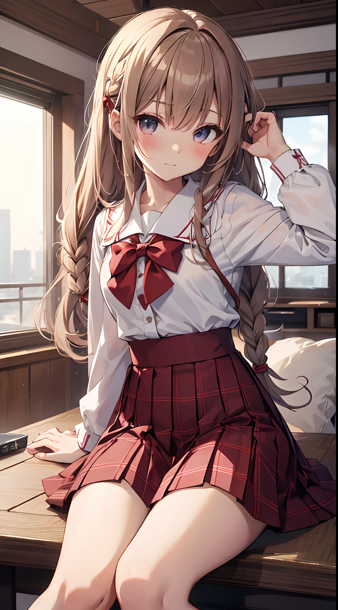 2D, masutepiece, Best Quality, Highly detailed, 1girl in, The Perfect Five Fingers,Solo, Sumi, Looking at Viewer, Single braid, Side braid, Hair Bow, white bow, White shirt, Long sleeves, Sailor collar, Red Ribbon, plaid skirts, Pleated skirt, embarrassed, blush, From below, Panties, Lift skirt, Spread legs