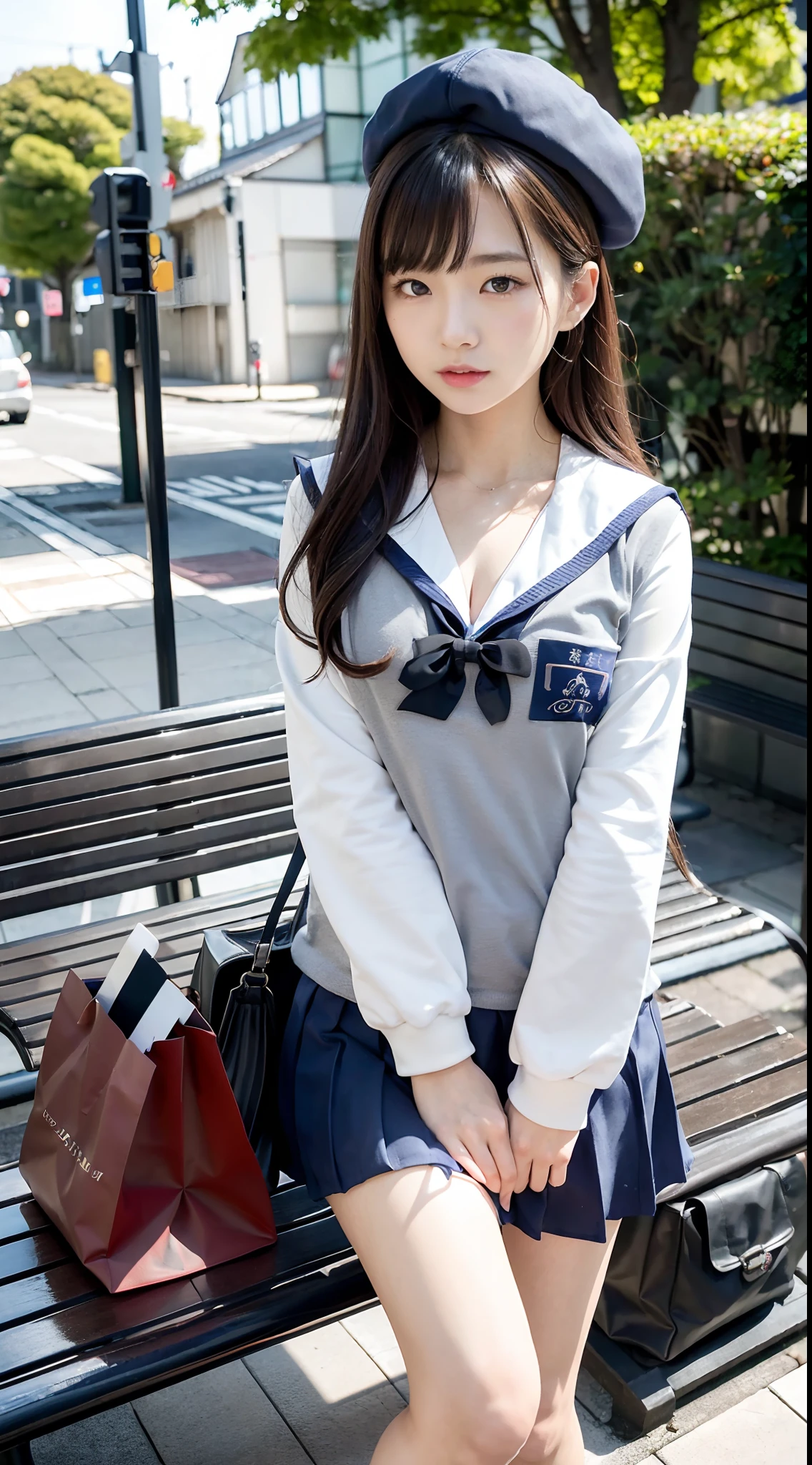 mix4, (16 K, Raw photography, Top image quality, masterpiece: 1.45), (realisitic, Photorealsitic: 1.37), one girls, 7.5, etc、Standing figure,cute little, A city scape,, profetional lighting, photon maping, Cityscape with street trees, physically-based renderingt, Gradient dark brown hair,, a handsome, Well-groomed and beautiful eyes、Large double eyelids、Very shiny、girl with, (((student clothes、Long sleeve sailor suit worn by Japan schoolgirl、red cuffs、Dark blue mini skirt, Small gray beret、Dark blue knee-high socks、Black loafers))), Top Quality Photos, hight resolution, 1080p, (clearface), (Detailed face description), (Detailed hand description), (masterpiece), (Exquisite CG)、extreme light and shadows、dishevled hair、master work、abundant detail、(Fine facial features)、(top quality photo)、(masuter piece)、(A detailed eye)、Look in front of you、Fine clavicle、((Slender big))、(((Japan schoolgirl in long-sleeved sailor suit)))、((Sexy Idol System))、((Boulevard with street trees、Bus stop、timetable、Benches))、(Shooting from random perspectives)、(((Anyway cute)))、耳?????? Ring、A big smile、Drawing the whole body from the knees、Do not draw nasolabial folds、(((shopping bags)))、(Big breasts that hang down big:0.7)、Big buttocks with tension、Two arms and two legs、(((from the front side:0.5)))、bare hand、