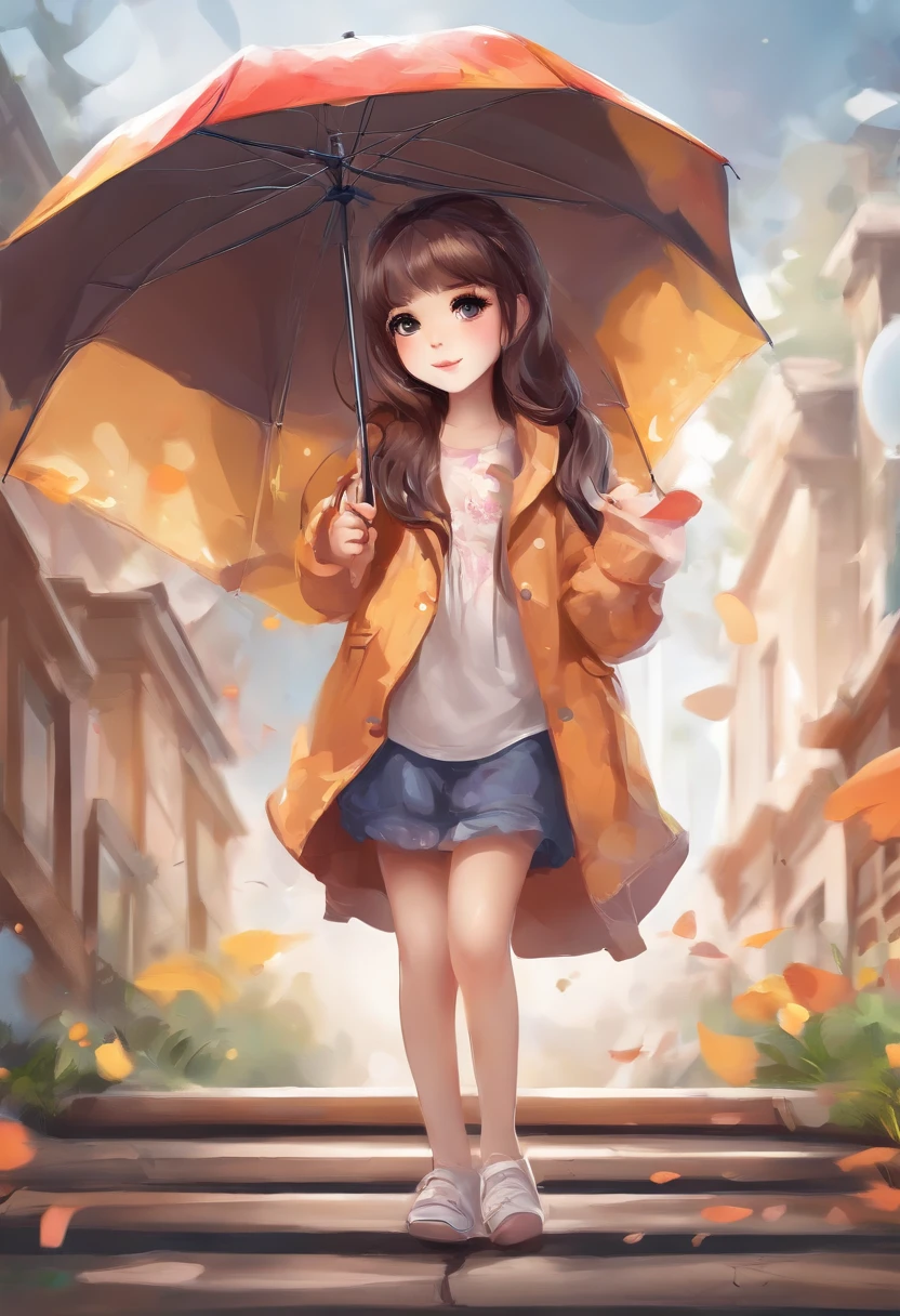 vectorial art, Color graffiti illustration, Cute and cheerful girl with umbrella, are in the center, Bright colors, Paint splashes and stains, Adobe illustrator, High detail, white backgrounid,VR eyes,Vertical banner,painting of a,UAVs,Anime style,camera