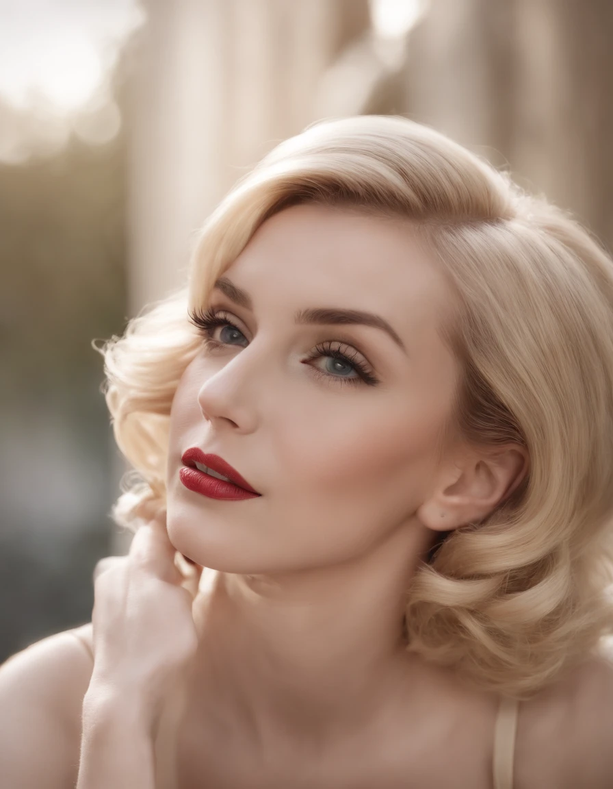 (best quality:1.2,ultra-detailed,realistic:1.37),portrait of a blonde lady resembling AUDREY HEPBURN and Marilyn Monroe, Bijoux de Charme, medium shot, fine art painting, detailed eyes and lips, elegant appearance, classic beauty, vintage style, black and white photography, soft lighting, sophisticated atmosphere, fashionable dress, retro hairstyle