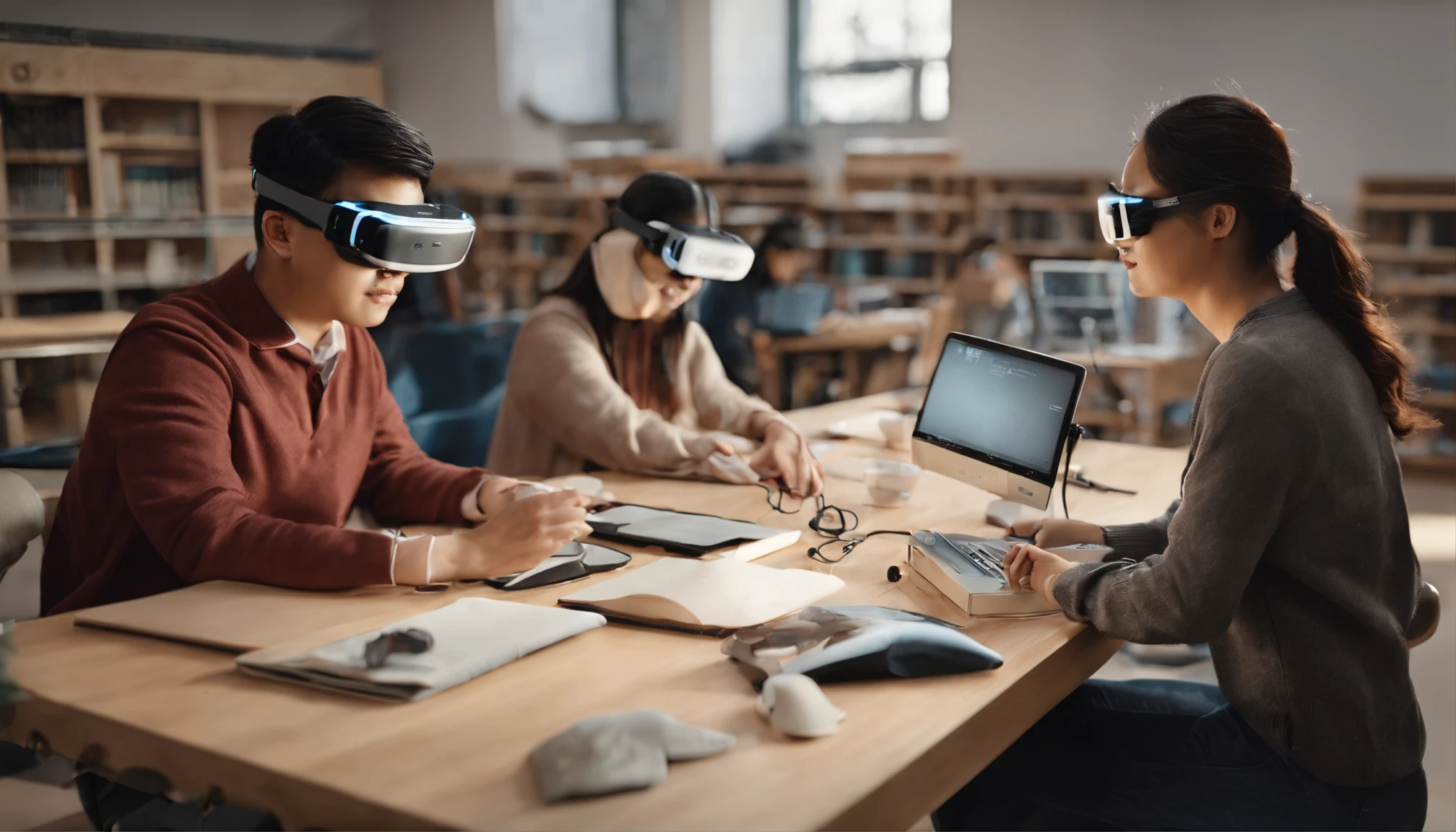 Chinese University,UAVs,A student pilots a drone,Female college student wearing virtual glasses,Drawing board,pigment,cameras,A boy sits at a desk sorting out his materials,group portraits,high detal,tmasterpiece,University life,wearing vr goggles, Use a VR headset, vr goggles, vr headset, Wear a VR headset, Immersive, Augmented reality, vr headset, Technology, VR glasses, digital reality, Wearing VR,