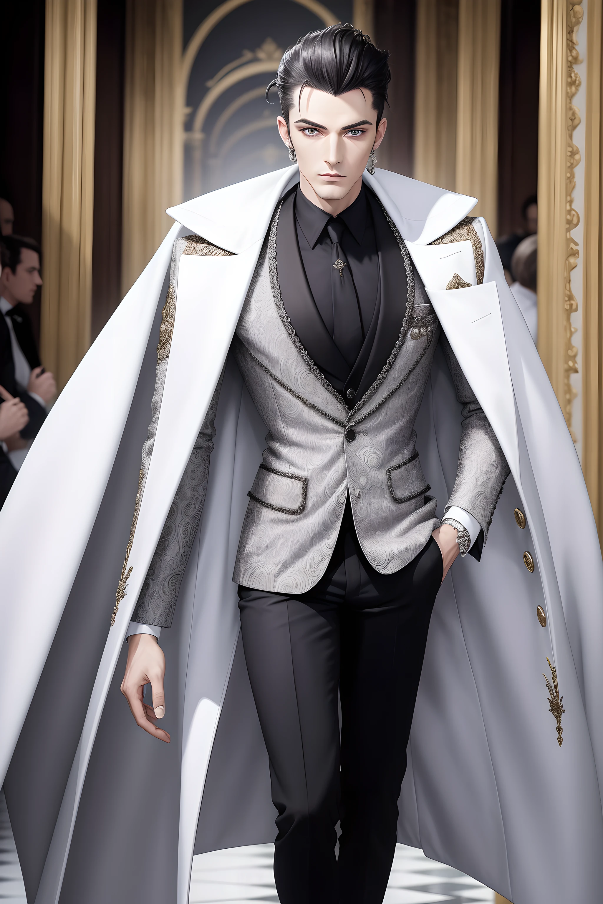 (((Masterpiece))), top quality, create an image of a masculine Cruella de Vi, he is a dapper man wearing a fashionable gothic style white suit walking down the runway, highly detailed textures, absurdres, intricate details, bloom,