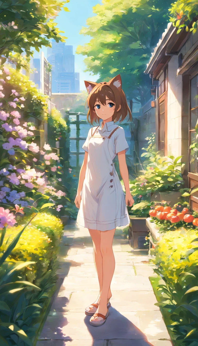 Anime cat ear boy standing in garden in white dress, Make breakfast in the kitchen，Shota in dress, small curvaceous Shota, Guviz-style artwork, Guweiz in Pixiv ArtStation, Guweiz on ArtStation Pixiv, Guviz, small Shota boy, Soft anime illustration, Anime visuals of cute boy, Detailed digital anime art、Cookinginthekitchen，