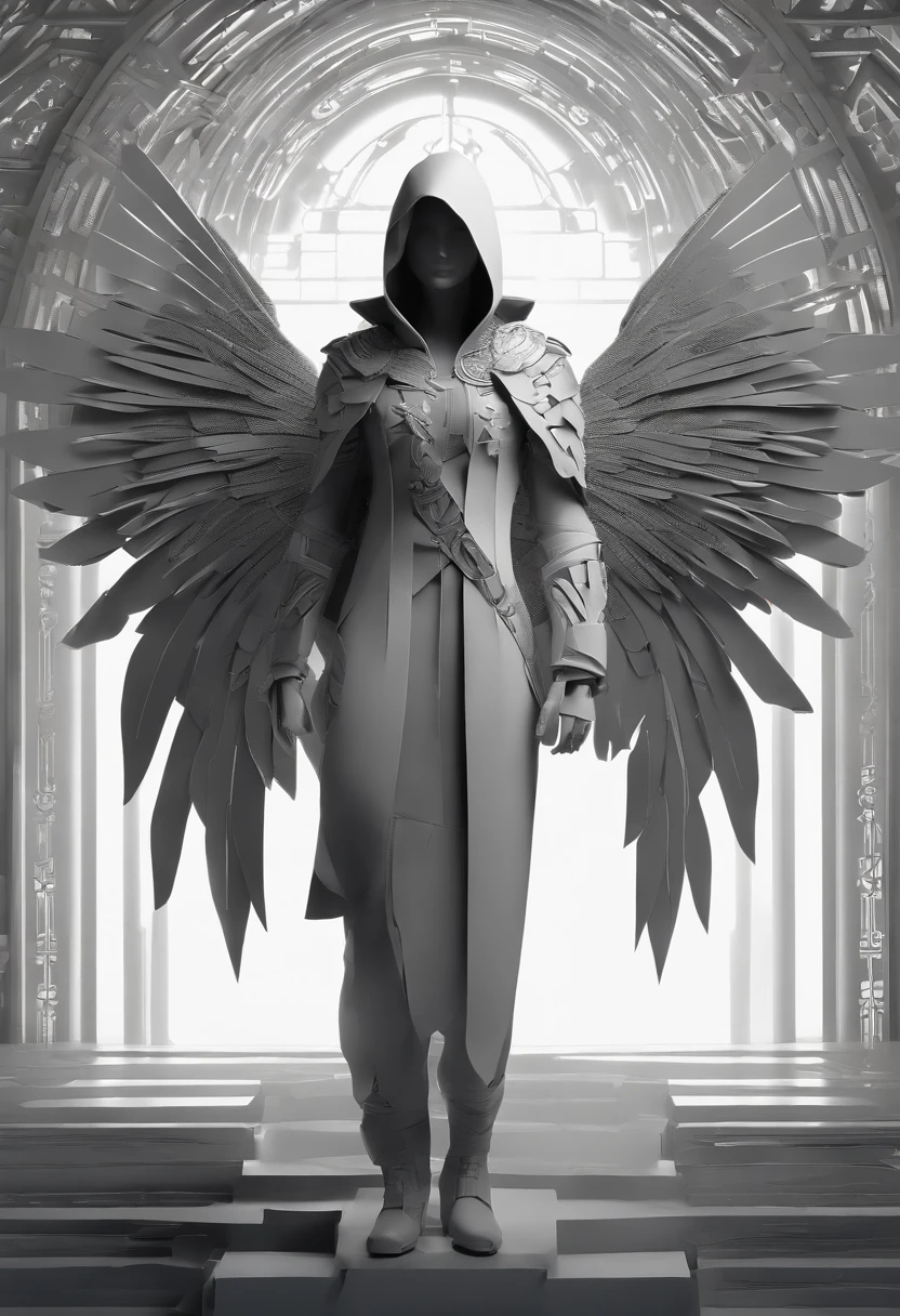 Create an ultra-wide photo of an angel wearing a cyberpunk-style coat and hood, against an abstract post-apocalyptic background. The overall style of the image should be minimalist with an Artgem touch. The angel should be rendered in a warrior and angelic style with a focus on creating a sense of hope and reconstruction. The cyberpunk coat and hood should be rendered in high detail, with a focus on capturing the texture and style of the clothing. Huge wings. The background of the image should have an abstract design, with a focus on creating a sense of depth and contrast with the foreground. The image should be rendered in wide format, with a focus on creating a sense of scale and drama in the scene.