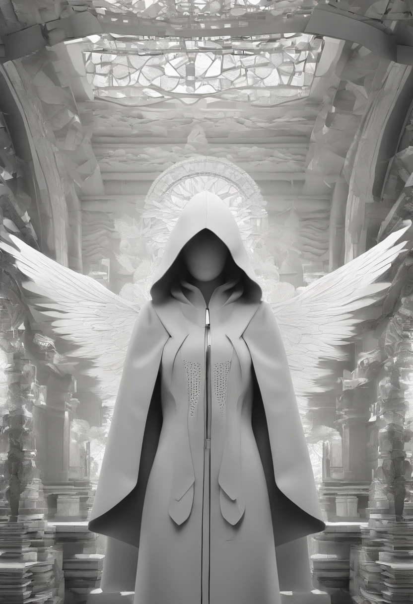 Create an ultra-wide photo of an angel wearing a cyberpunk-style coat and hood, against an abstract post-apocalyptic background. The overall style of the image should be minimalist with an Artgem touch. The angel should be rendered in a warrior and angelic style with a focus on creating a sense of hope and reconstruction. The cyberpunk coat and hood should be rendered in high detail, with a focus on capturing the texture and style of the clothing. Huge wings. The background of the image should have an abstract design, with a focus on creating a sense of depth and contrast with the foreground. The image should be rendered in wide format, with a focus on creating a sense of scale and drama in the scene.