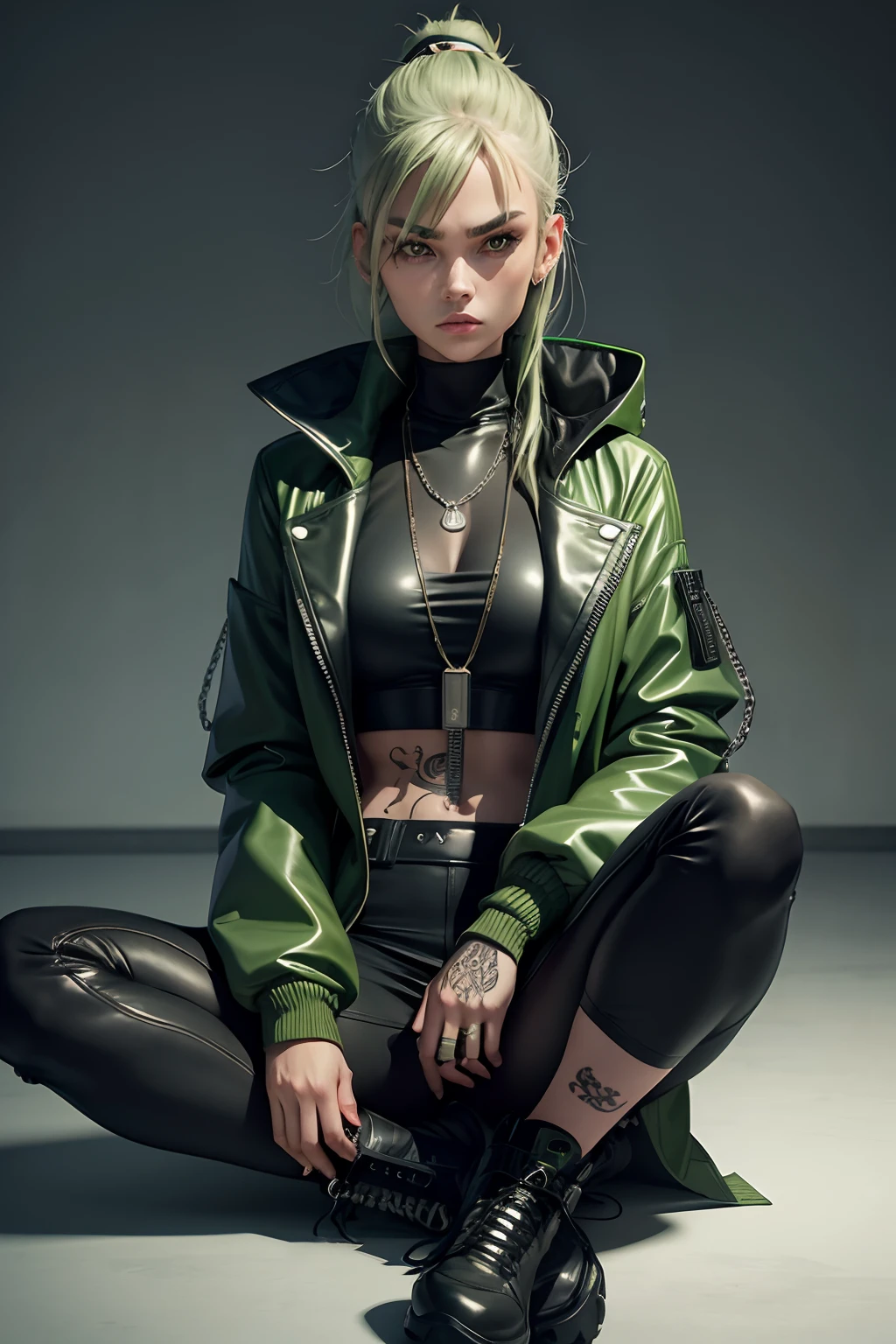 girl wearing sage green futuristic jacket, slim body, black turtle neck attire, big jacket, serious face, chains, tattoos, cool sit pose