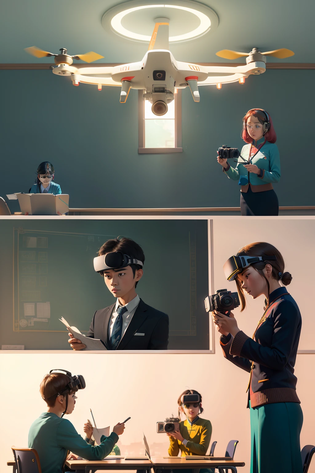 Teachers and students in the classroom, Decorated with pictorial elements, Some students are flying drones, Some students are using cartographic tools, Some students are playing with virtual reality, The teacher is taking pictures of the students with a video camera. Cartoon image with bright background、plethora of colors, Rich detail background with digital media elements Chinese style