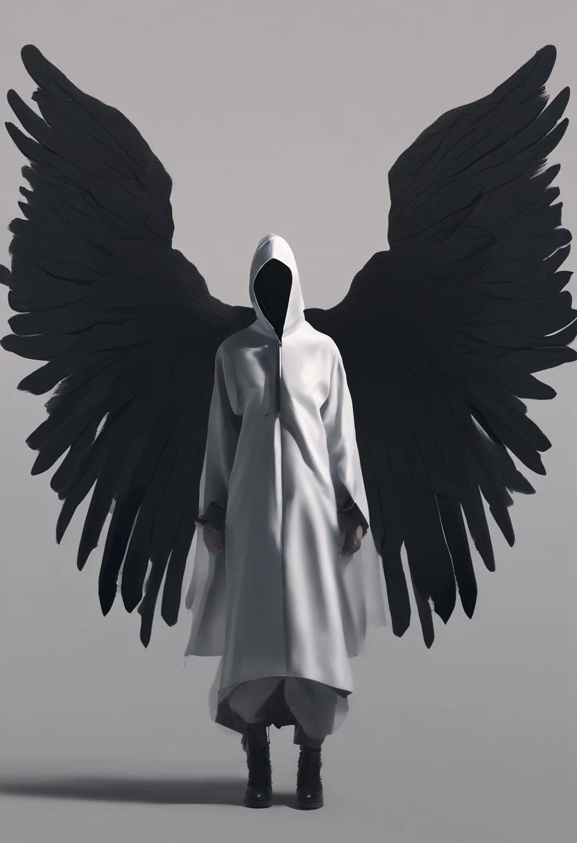 Create an ultra-wide photo of an angel wearing a cyberpunk-style coat and hood, against an abstract post-apocalyptic background. The overall style of the image should be minimalist with an Artgem touch. The angel should be rendered in a warrior and angelic style with a focus on creating a sense of hope and reconstruction. The cyberpunk coat and hood should be rendered in high detail, with a focus on capturing the texture and style of the clothing. Huge wings. The background of the image should have an abstract design, with a focus on creating a sense of depth and contrast with the foreground. The image should be rendered in wide format, with a focus on creating a sense of scale and drama in the scene.