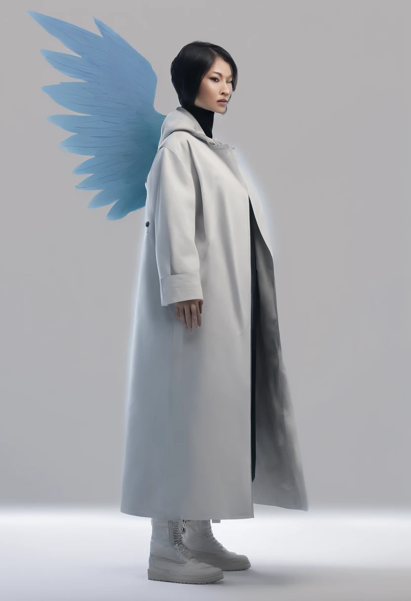 Create an ultra-wide photo of an angel wearing a cyberpunk-style coat and hood, against an abstract post-apocalyptic background. The overall style of the image should be minimalist with an Artgem touch. The angel should be rendered in a warrior and angelic style with a focus on creating a sense of hope and reconstruction. The cyberpunk coat and hood should be rendered in high detail, with a focus on capturing the texture and style of the clothing. Huge wings. The background of the image should have an abstract design, with a focus on creating a sense of depth and contrast with the foreground. The image should be rendered in wide format, with a focus on creating a sense of scale and drama in the scene.