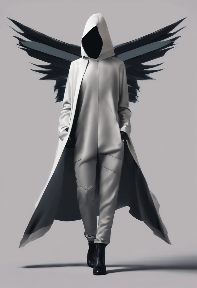 Create an ultra-wide photo of an angel wearing a cyberpunk-style coat and hood, against an abstract post-apocalyptic background. The overall style of the image should be minimalist with an Artgem touch. The angel should be rendered in a warrior and angelic style with a focus on creating a sense of hope and reconstruction. The cyberpunk coat and hood should be rendered in high detail, with a focus on capturing the texture and style of the clothing. Huge wings. The background of the image should have an abstract design, with a focus on creating a sense of depth and contrast with the foreground. The image should be rendered in wide format, with a focus on creating a sense of scale and drama in the scene.