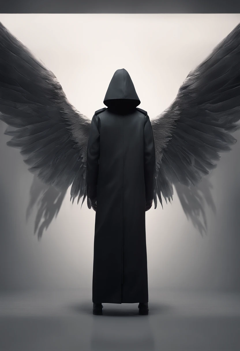 Create an ultra-wide photo of an angel wearing a cyberpunk-style coat and hood, against an abstract post-apocalyptic background. The overall style of the image should be minimalist with an Artgem touch. The angel should be rendered in a warrior and angelic style with a focus on creating a sense of hope and reconstruction. The cyberpunk coat and hood should be rendered in high detail, with a focus on capturing the texture and style of the clothing. Huge wings. The background of the image should have an abstract design, with a focus on creating a sense of depth and contrast with the foreground. The image should be rendered in wide format, with a focus on creating a sense of scale and drama in the scene.
