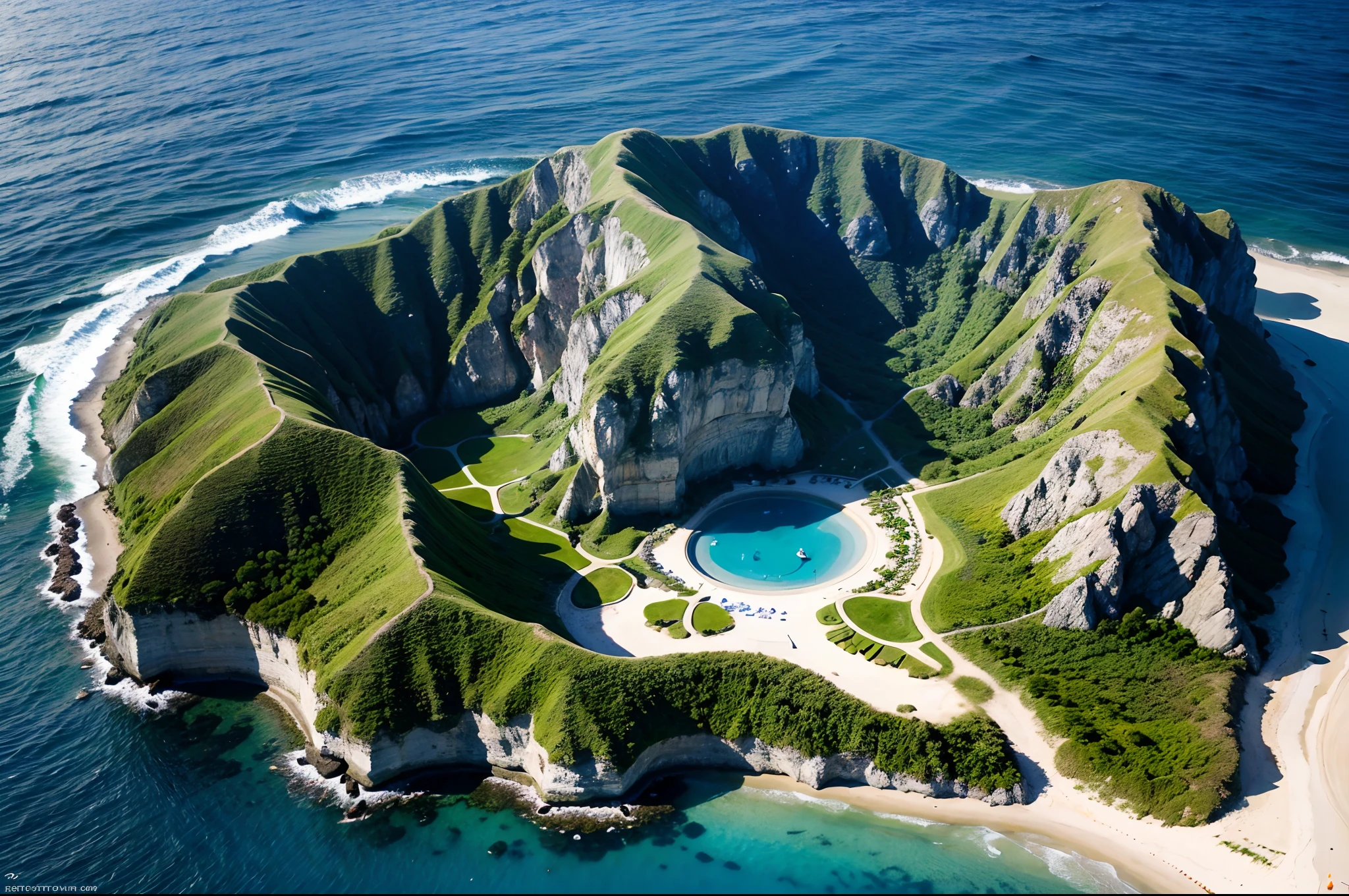 RAW photo, best, masterpiece, best quality, high quality, extremely detailed,an island in the middle of the sea. Seen from the air you can see palm trees and vegetation. Photorealistic style. Very detailed image, hyperrealistic, higher quality