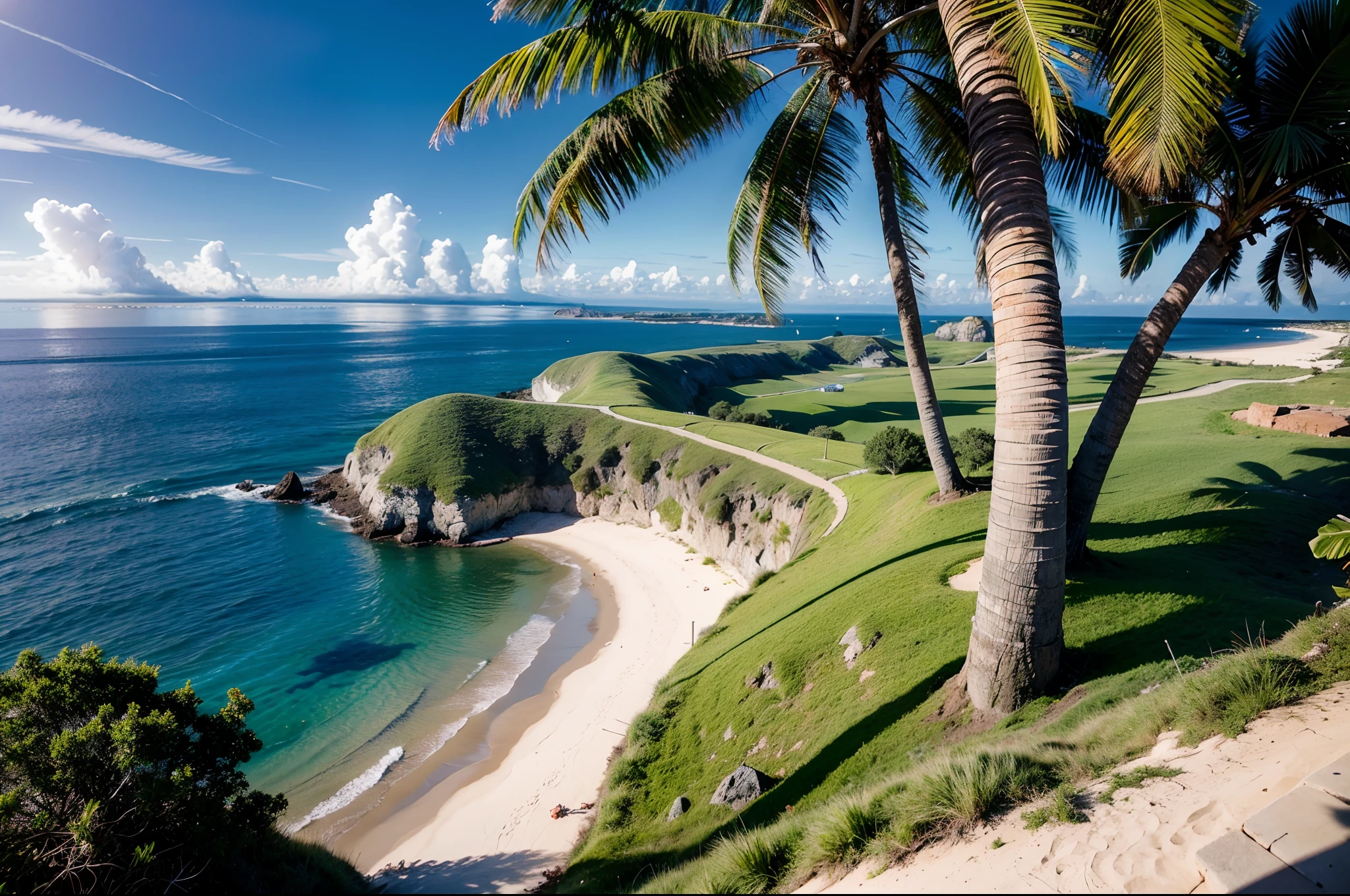RAW photo, best, masterpiece, best quality, high quality, extremely detailed,an island in the middle of the sea. Seen from the air you can see palm trees and vegetation. Photorealistic style. Very detailed image, hyperrealistic, higher quality