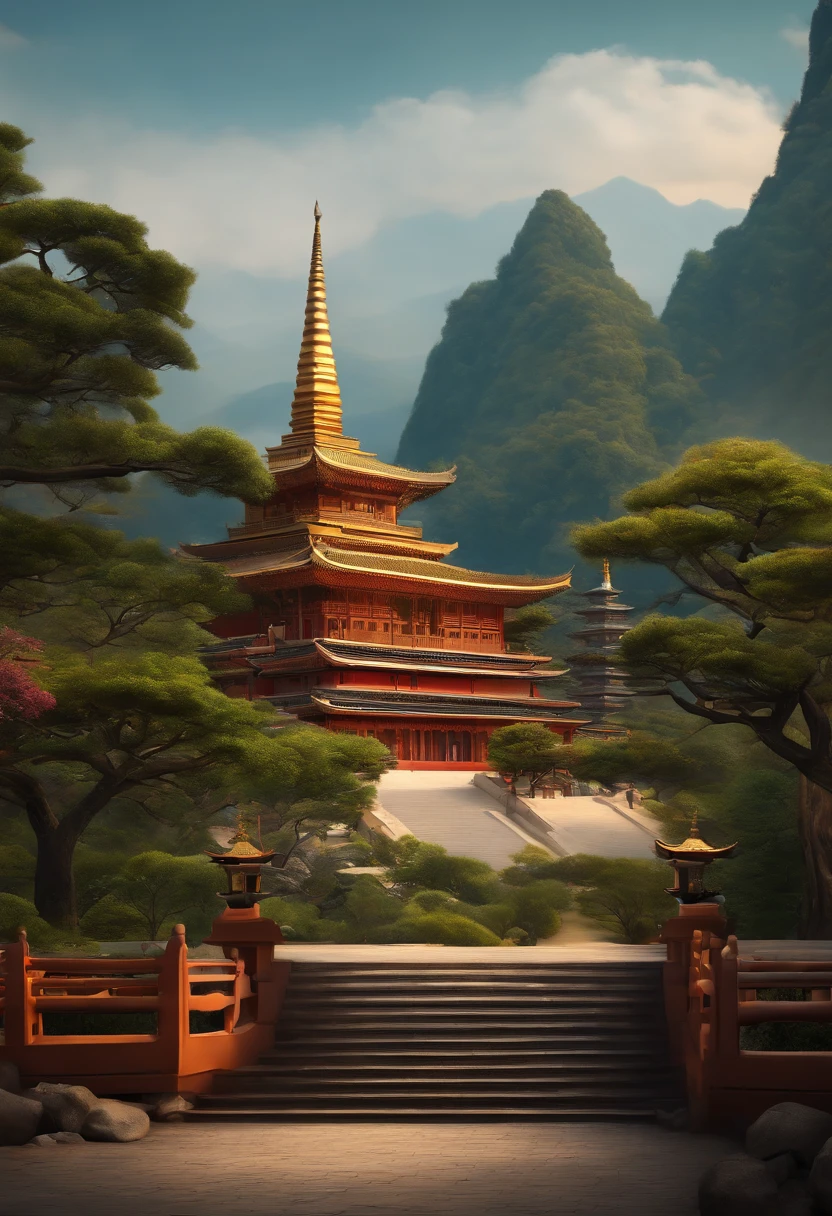 great masterpiece,Huge Buddha statue in the distance,There are steps leading to it, (Zen temple background:1.2), digital painting of a pagoda, inspired by Kaigetsudō Anchi, buddhist art, bodhisattva, Beautiful rendering of the Tang Dynasty, 3Drenderingof,8k,high detailed digital art