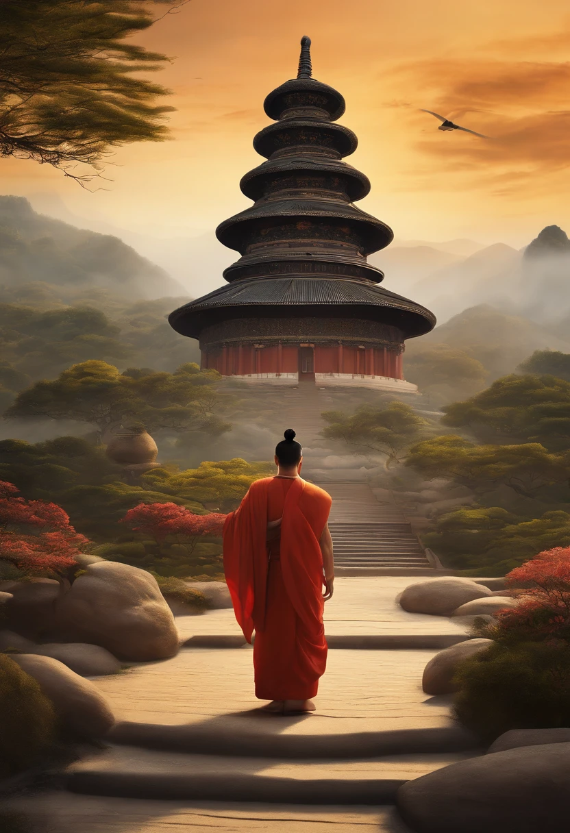 great masterpiece,Huge Buddha statue in the distance,There are steps leading to it, (Zen temple background:1.2), digital painting of a pagoda, inspired by Kaigetsudō Anchi, buddhist art, bodhisattva, Beautiful rendering of the Tang Dynasty, 3Drenderingof,8k,high detailed digital art