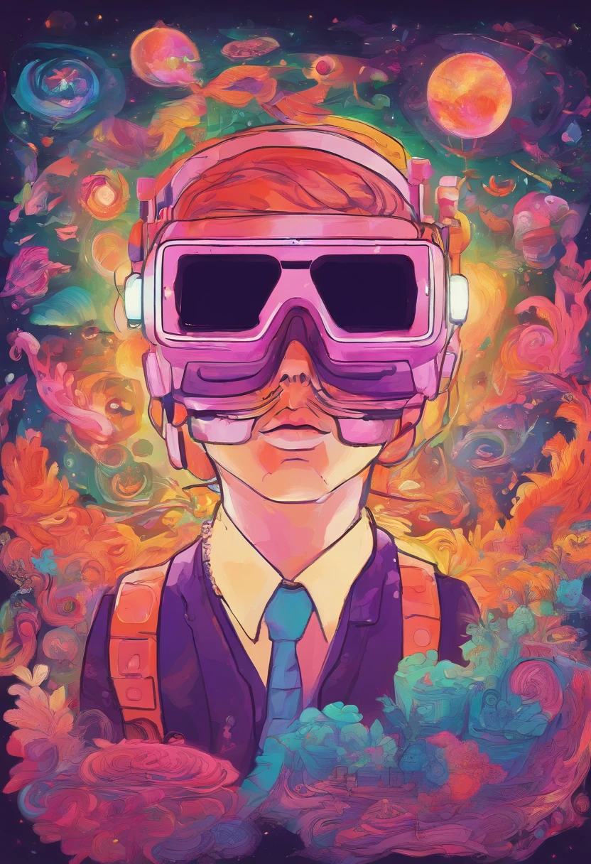 Cartoon character wearing VR glasses，In class，there are cameras，Pigment box，There are interior design drawings on the table，UAVs，Cartoon image，plethora of colors，Be positive