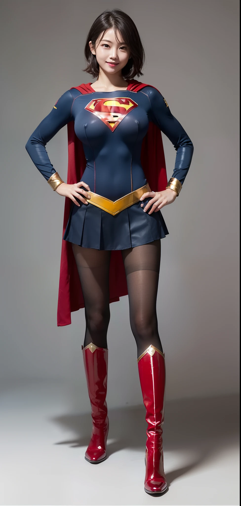 (((Make the most of the original image)))、(((Supergirl Costume)))、(((Glossy short hair black hair)))、(((Suffering)))、(((Feet must necessarily be worn with black tights)))、(((Smile)))、(((You need to wear red boots)))、((Top image quality、8K))、((top-quality、8K、​masterpiece:1.3))、Crisp focus:1.2、Beautiful woman with perfect body shape:1.4、Slender Abs:1.2、((layers-Cut、large boob:1.2))、a wet body:1.5、Highly detailed facial and skin texture、