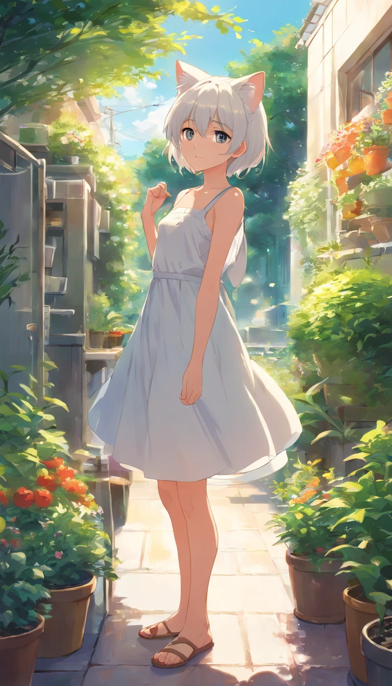 Anime cat ear boy standing in garden in white dress, Make breakfast in the kitchen，Shota in dress, small curvaceous Shota, Guviz-style artwork, Guweiz in Pixiv ArtStation, Guweiz on ArtStation Pixiv, Guviz, small Shota boy, Soft anime illustration, Anime visuals of cute boy, Detailed digital anime art、Cookinginthekitchen, white hair