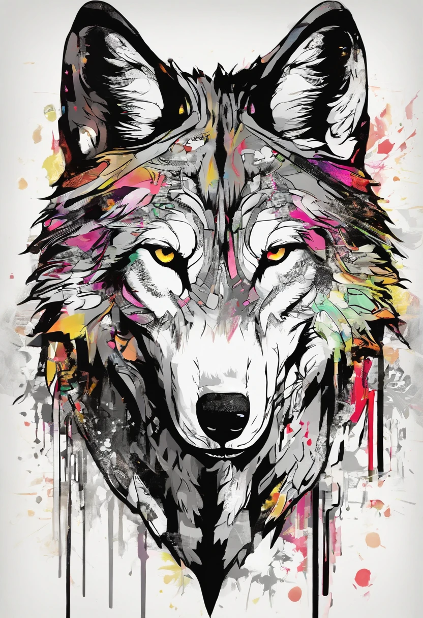 Wolf, style of Yoji Shinkawa, black and white, print, super detailed