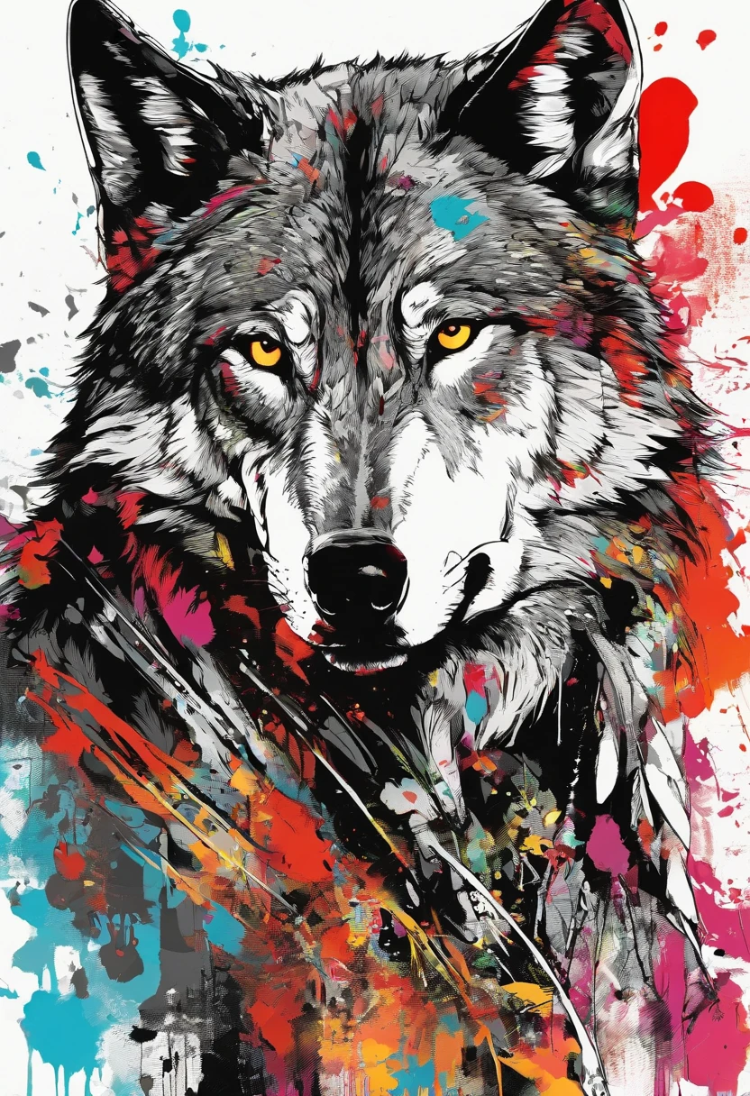 Wolf, style of Yoji Shinkawa, black and white, print, super detailed