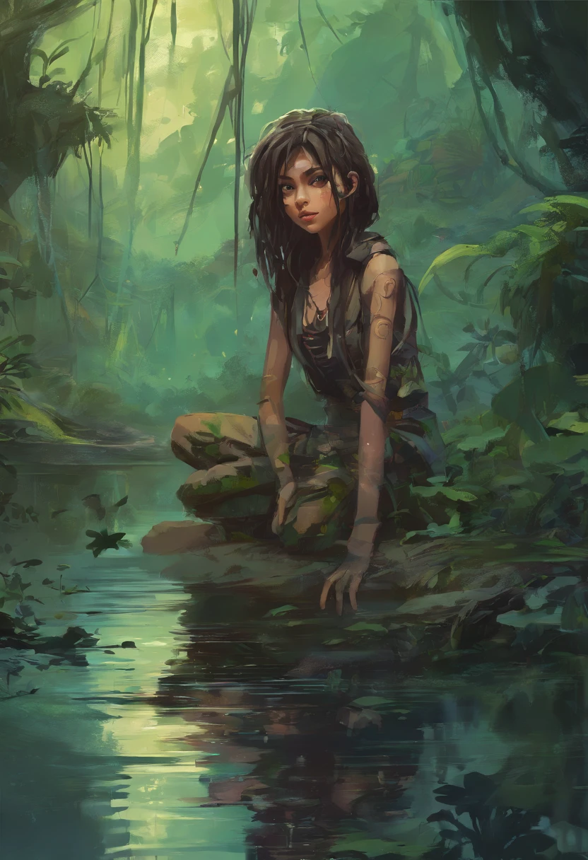  girl in lake in jungle, Bob hair bangs, heavy boots, beautiful face, amazing body, perfect eyes