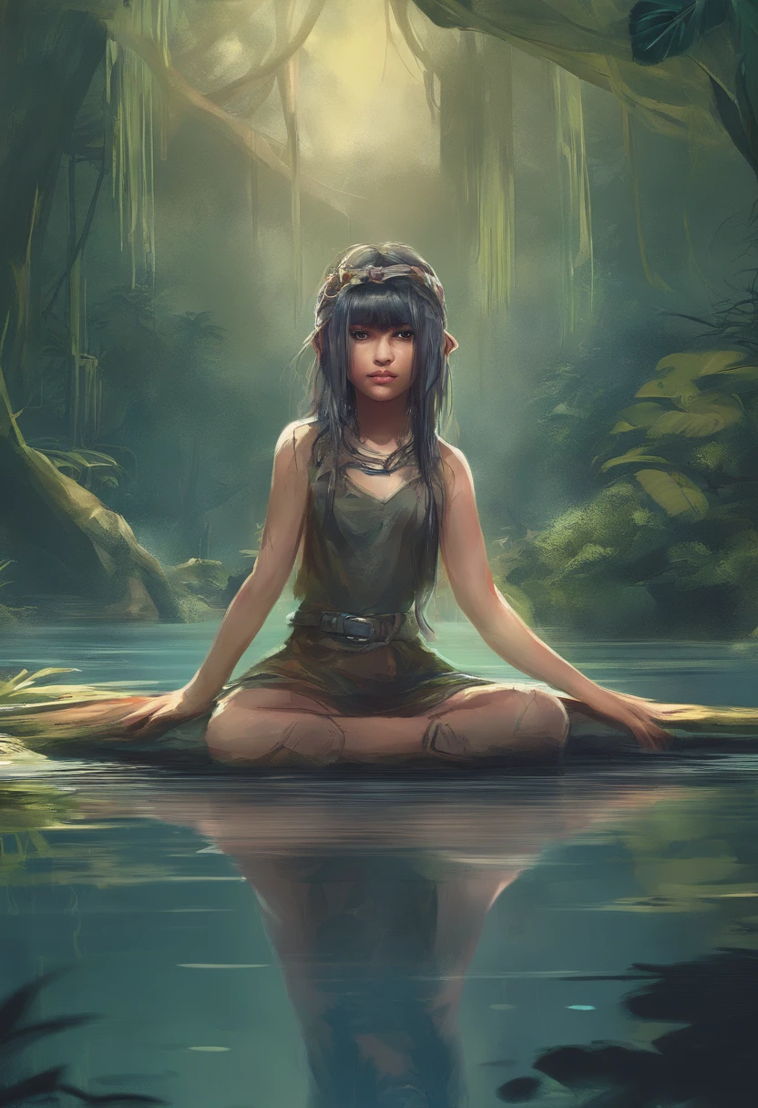 14 years old girl in lake in jungle, Bob hair bangs, heavy boots, beautiful face, amazing body, perfect eyes