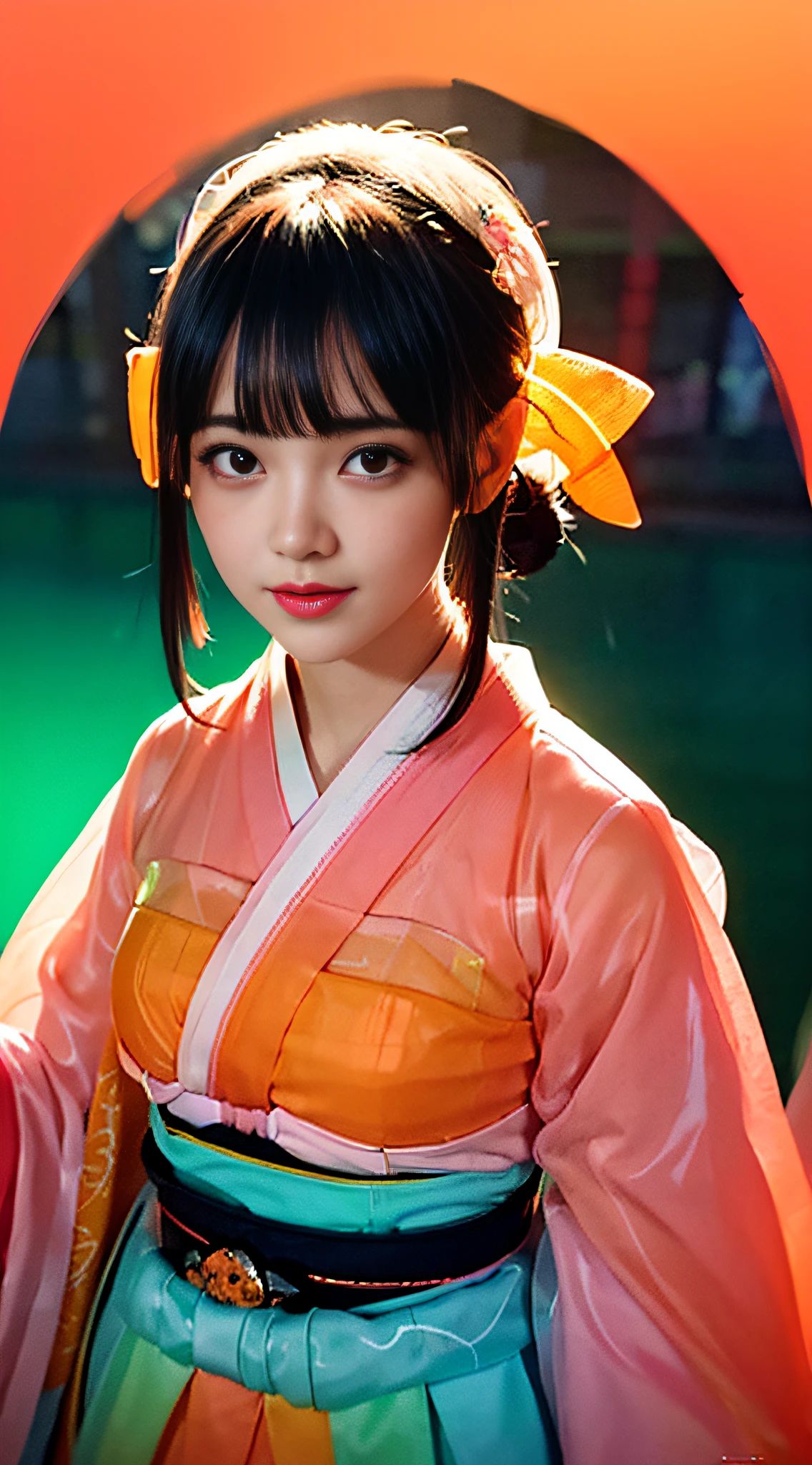 (fluorescent colors:1.4),(translucent:1.4),(retro filters:1.4), (fantasy:1.4), (orange background:1.4),
(1girl wearing (orange pink hanfu:1.3), tang style, blunt bangs, black hair),
((portrait:1.5)), looking at viewer,
(masterpiece, 8k uhd, HDR, extreme detailed, intricate details, best quality, professional, vivid colors),