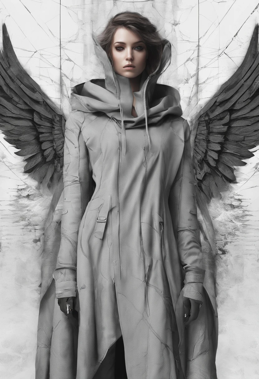 Create an ultra-wide photo of an angel wearing a cyberpunk-style coat and hood, against an abstract post-apocalyptic background. The overall style of the image should be minimalist with an Artgem touch. The angel should be rendered in a warrior and angelic style with a focus on creating a sense of hope and reconstruction. The cyberpunk coat and hood should be rendered in high detail, with a focus on capturing the texture and style of the clothing. Huge wings. The background of the image should have an abstract design, with a focus on creating a sense of depth and contrast with the foreground. The image should be rendered in wide format, with a focus on creating a sense of scale and drama in the scene.