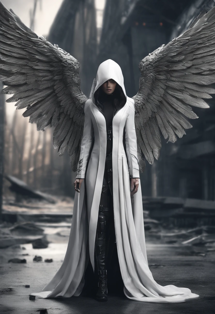 Create an ultra-wide photo of an angel wearing a cyberpunk-style coat and hood, against an abstract post-apocalyptic background. The overall style of the image should be minimalist with an Artgem touch. The angel should be rendered in a warrior and angelic style with a focus on creating a sense of hope and reconstruction. The cyberpunk coat and hood should be rendered in high detail, with a focus on capturing the texture and style of the clothing. Huge wings. The background of the image should have an abstract design, with a focus on creating a sense of depth and contrast with the foreground. The image should be rendered in wide format, with a focus on creating a sense of scale and drama in the scene.