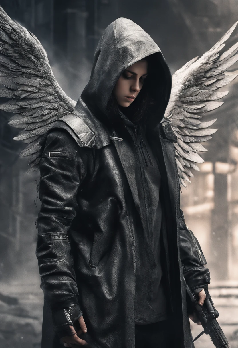 Create an ultra-wide photo of an angel wearing a cyberpunk-style coat and hood, against an abstract post-apocalyptic background. The overall style of the image should be minimalist with an Artgem touch. The angel should be rendered in a warrior and angelic style with a focus on creating a sense of hope and reconstruction. The cyberpunk coat and hood should be rendered in high detail, with a focus on capturing the texture and style of the clothing. Huge wings. The background of the image should have an abstract design, with a focus on creating a sense of depth and contrast with the foreground. The image should be rendered in wide format, with a focus on creating a sense of scale and drama in the scene.