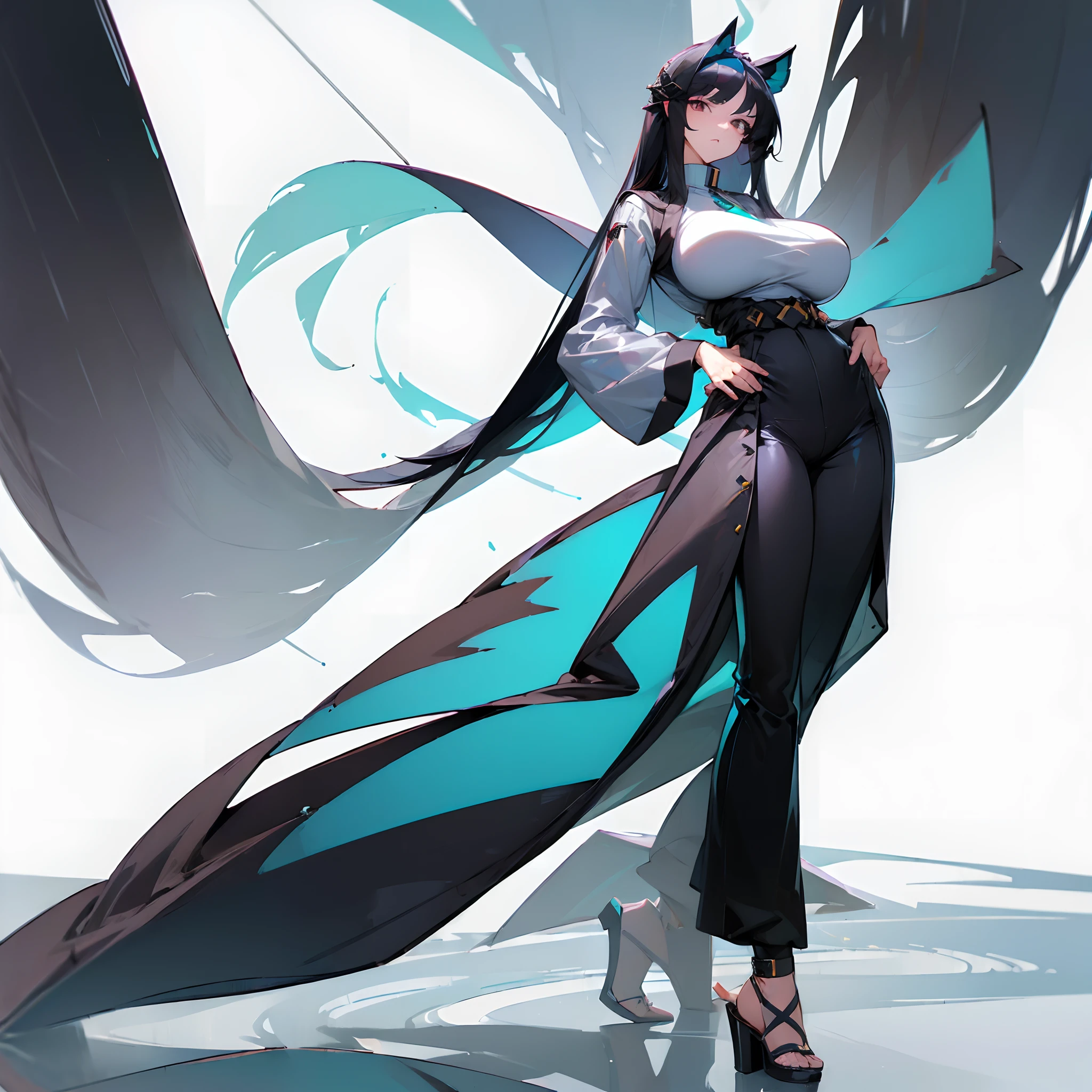 (gigantic breasts:1.5),(standing),(solo),(white background),Long black hair,Black colored eyes,Stand up,The right hand crosses the waist,Transparent clothes,Transparent sweatshirt,Transparent flared pants,Clear pants,heeled sandals,serious expressions