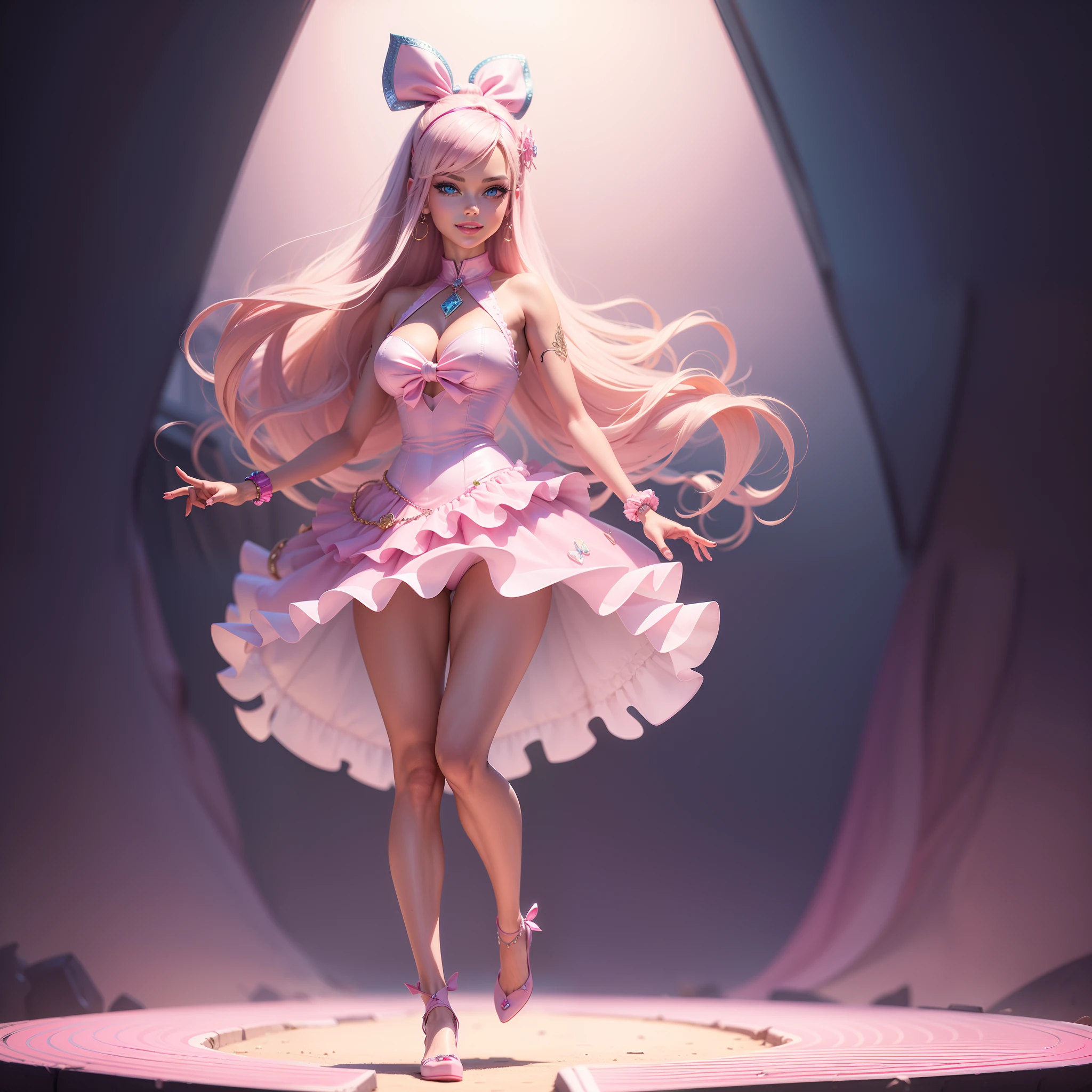 Barbie, ((Full body)), Blue eyes, Smiling face, Hair loss swaying in the wind, Hip Hop Singer Pose, Dressed in hip-hop style, Wearing a pink salopette that reflects light,swarovski,pasties,With a pink bow on the arm, Fashion, Extremely high quality, high details, 8K, clean back ground, in studio, ((Full body shot)),Align your fingers neatly,Accurate Hand Modeling,wave her hand,