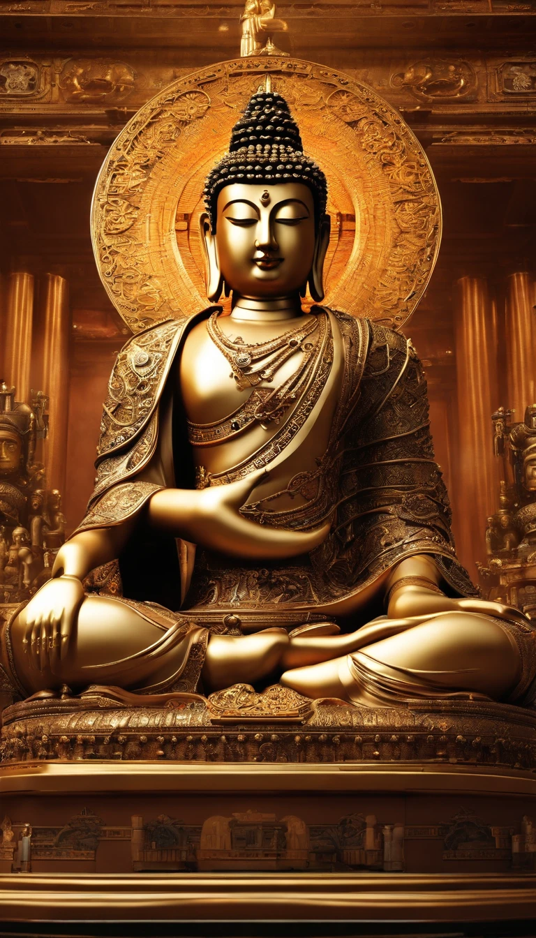 Super huge mechanical Buddha statue,Worshiping crowds,In steampunk style,super-fine,8k,Works of masters,Meticulous mechanical depiction,OC renderer