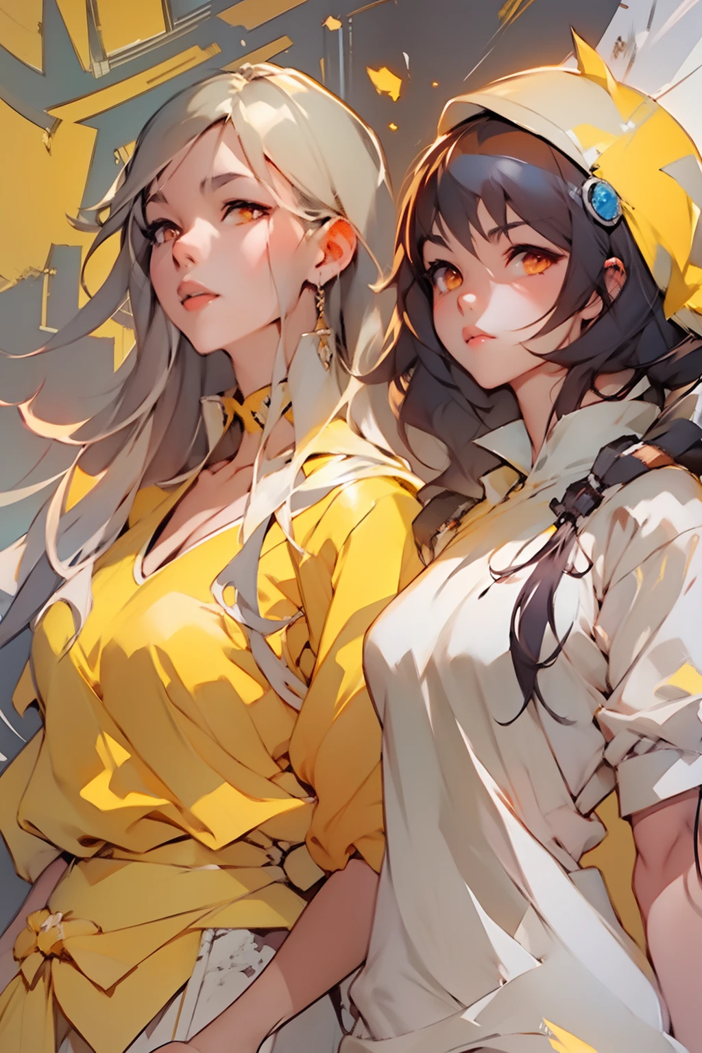 anime characters in a yellow and white outfit standing next to each other, krenz cushart and wenjun lin, artwork in the style of guweiz, guweiz on pixiv artstation, guweiz on artstation pixiv, artgerm and atey ghailan, anime style illustration, guweiz, anime fantasy illustration