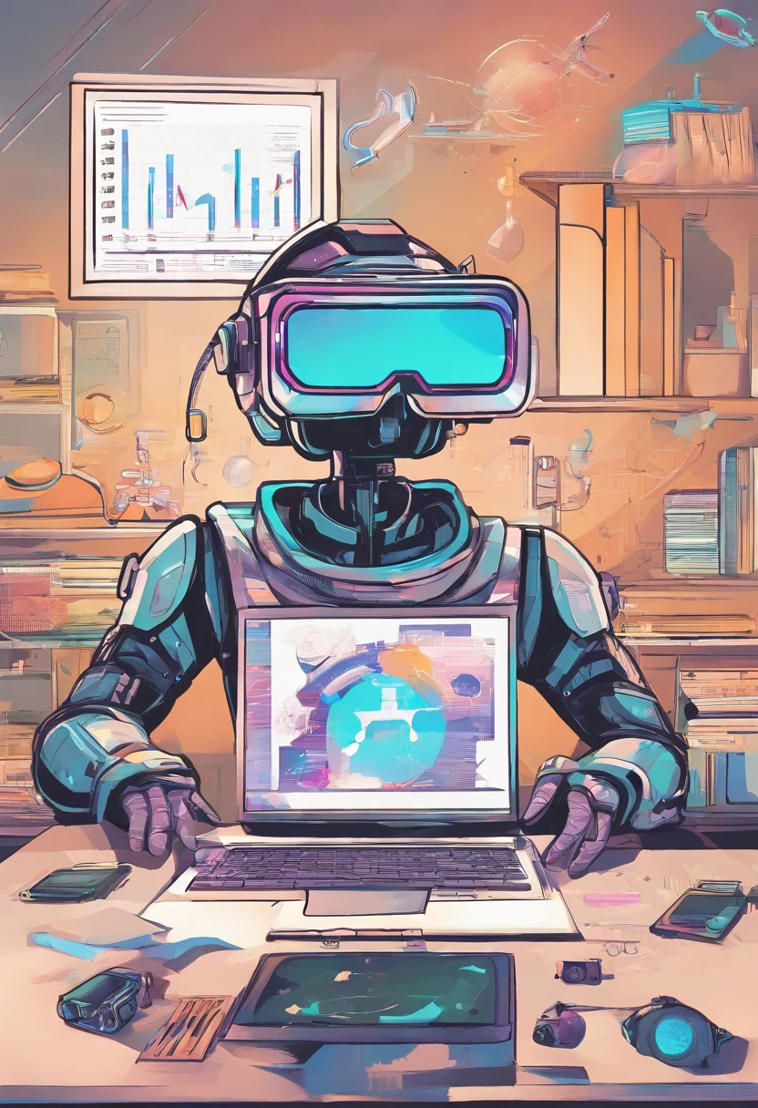 Cartoon character wearing VR glasses，In class，there are cameras，Pigment box，There are interior design drawings on the table，UAVs，Cartoon image，plethora of colors，Be positive