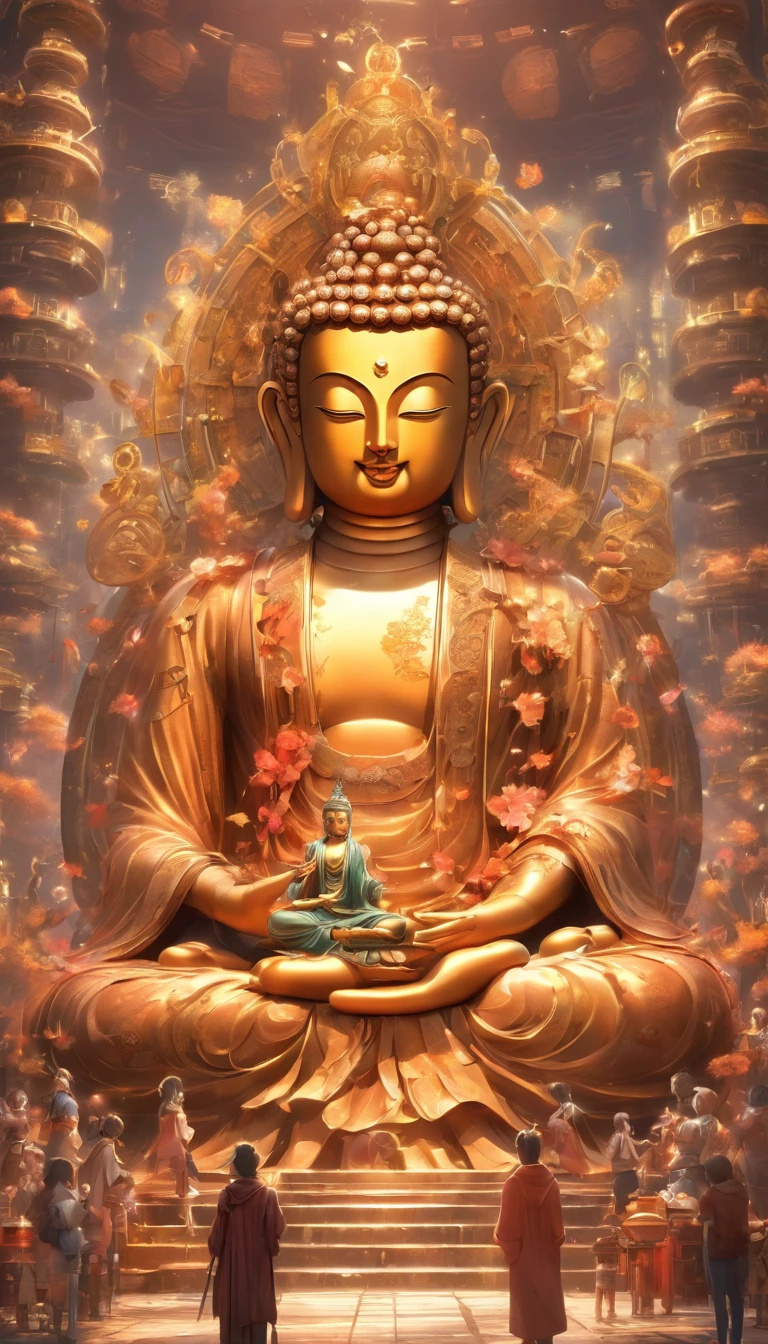 （A huge Buddha statue），Chinese Buddha statues，frontage，holy rays，Resplendent，glorious，Holy，Lots of orange-yellow，with light glowing，Be with nature,Faraway view，extremely detailed nipple，of the highest quality，8K