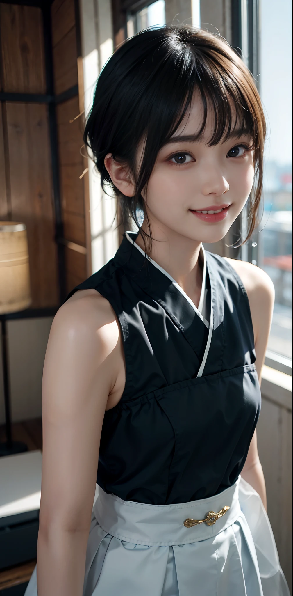 masterpiece, 1 beautiful girl, detailed eyes, puffy eyes, best quality, ultra high definition, (reality: 1.4), original photo, 1girl, cinematic lighting, Japan, asian beauty, korean, super beautiful, beautiful skin, slender, small chest, body facing front, (ultra-realistic), (high resolution), (8K), (very detailed), (best illustration), (beautifully detailed eyes), (ultra detailed) , detailed face, looking at the viewer, facing straight ahead, neat clothes, sleeveless, short hair, black hair, 46 points diagonal bangs, room based on white background tone, neat atmosphere,happy sexy smile