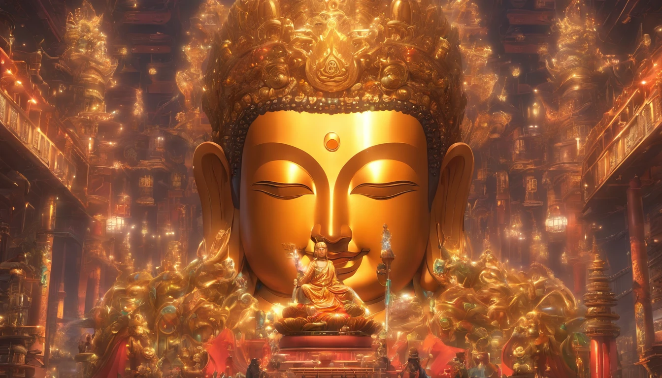 Super huge mechanical Buddha statue,Worshiping crowds,In steampunk style,super-fine,8k,Works of masters,Meticulous mechanical depiction,OC renderer,Ultra photo realsisim