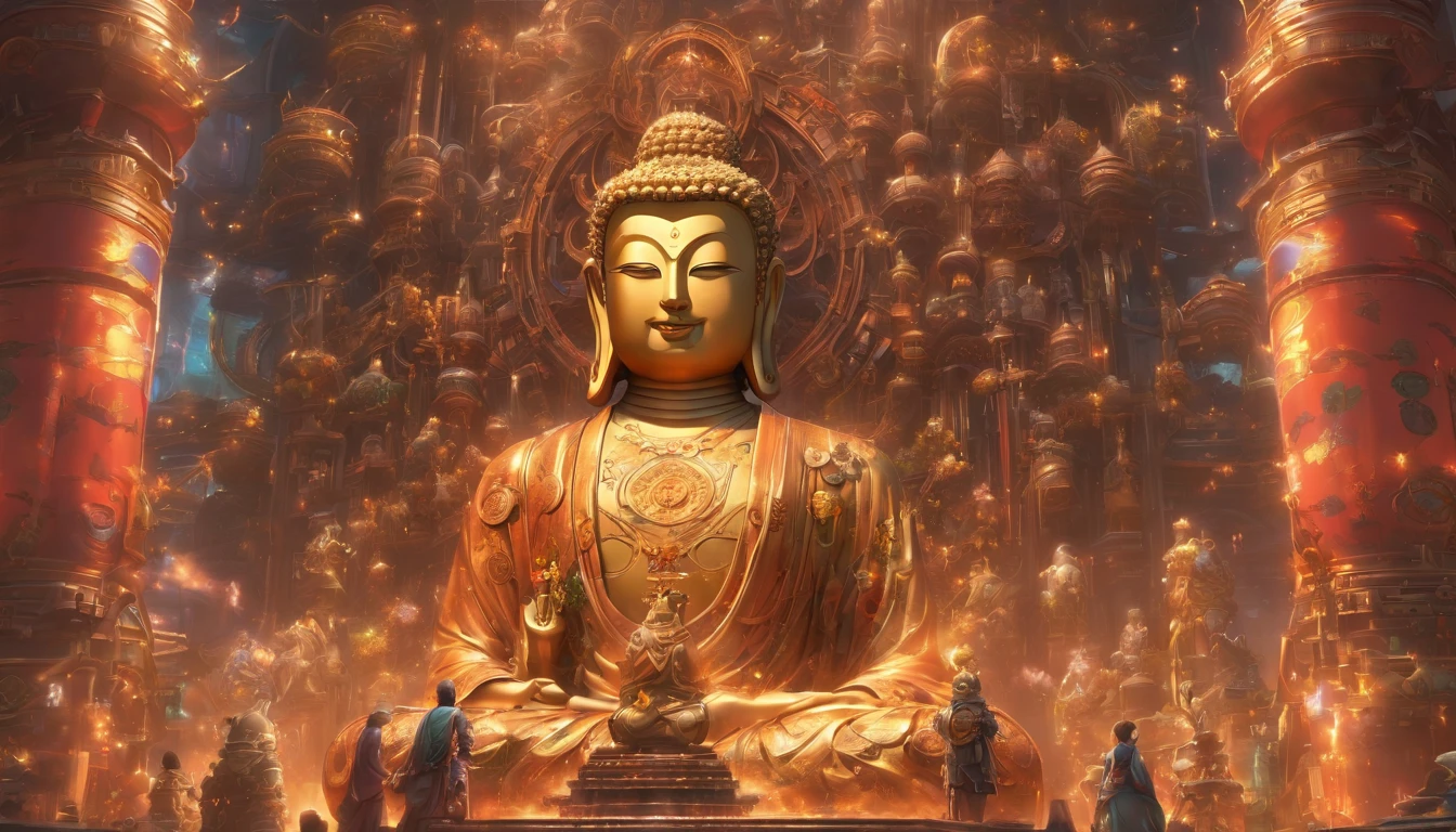 Super huge mechanical Buddha statue,Worshiping crowds,In steampunk style,super-fine,8k,Works of masters,Meticulous mechanical depiction,OC renderer,Ultra photo realsisim