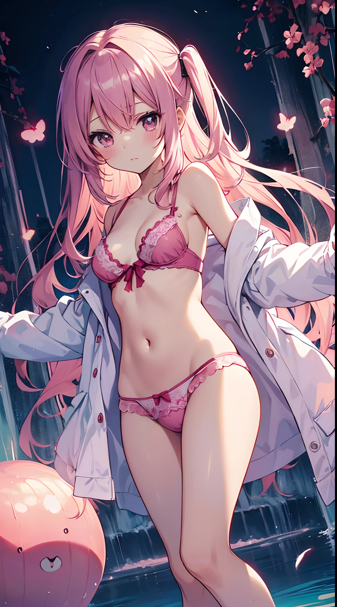 top-quality、masutepiece、1girl in、in one's underwear only、Pink lingerie、to close range、red blush、Kamimei、Staring at this、Cute anime illustration、
