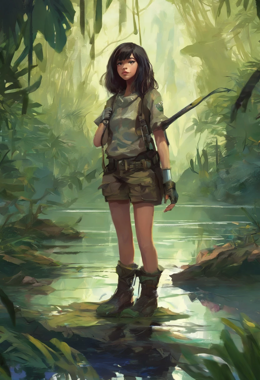 Girl in the jungle, mud, perfect body, realistic face. 1.4 (angry girl), knife, army boot, Ripley: regatta, camouflaged, green + gray. HD 1.5, V4. GAB, ISO. Aerial focus.