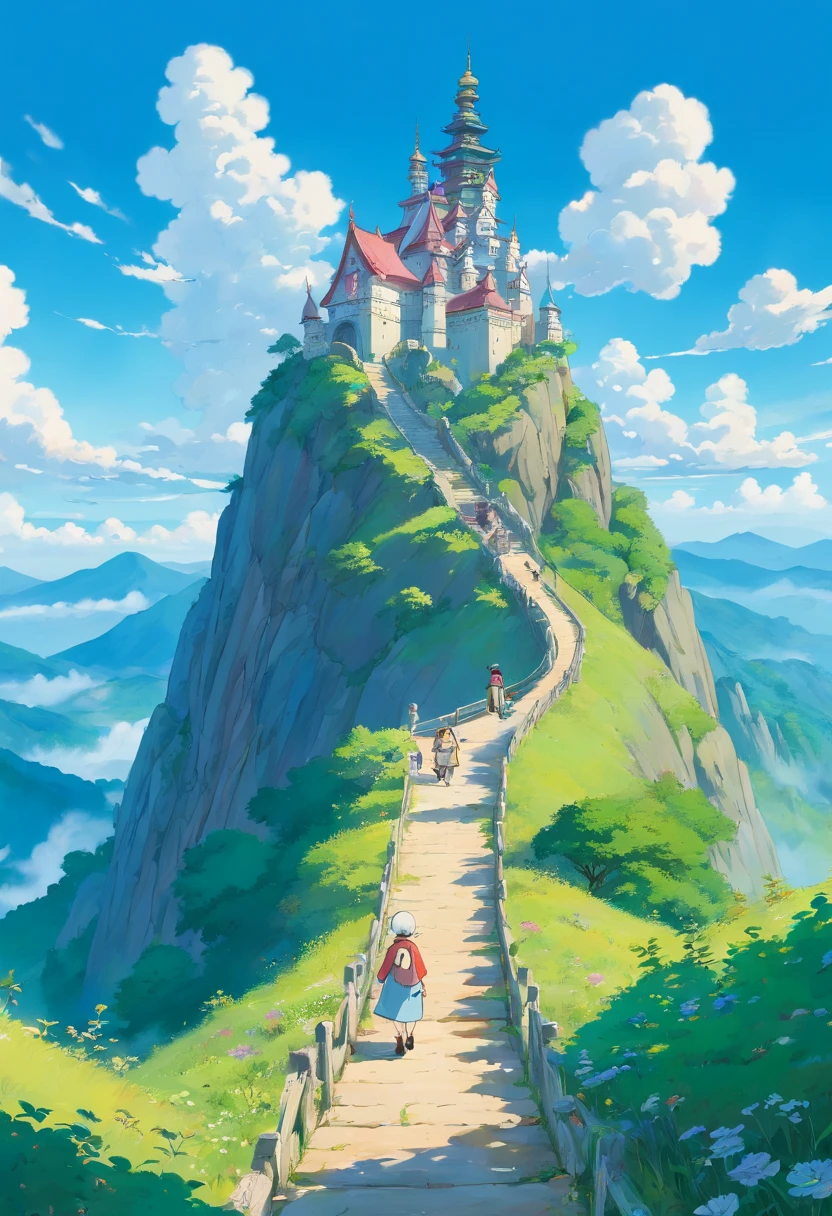 with blue sky and white clouds,Endless mountain paths,A group of students and teachers