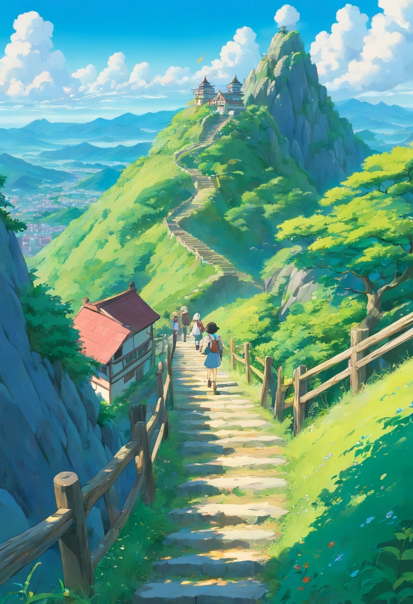 with blue sky and white clouds,Endless mountain paths,A group of students and teachers