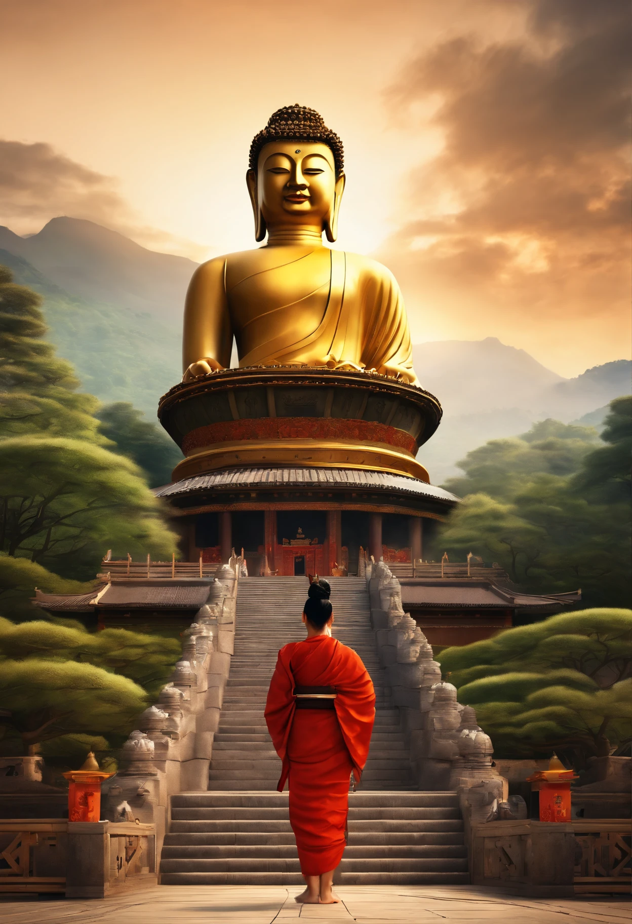 great masterpiece，Huge Buddha statue in the distance，There are steps leading to it, (Zen temple background:1.2), digital painting of a pagoda, inspired by Kaigetsudō Anchi, buddhist art, bodhisattva, Beautiful rendering of the Tang Dynasty, 3Drenderingof，8k，high detailed digital art