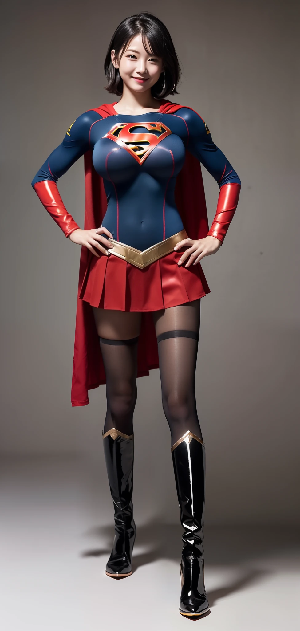 (((Make the most of the original image)))、(((Supergirl Costume)))、(((black hair with shiny short hair)))、(((Suffering)))、(((Feet must necessarily be worn with black tights)))、(((Smile)))、(((You need to wear red boots)))、((Top image quality、8K))、((top-quality、8K、masterpiece:1.3))、Crisp focus:1.2、Beautiful woman with perfect body shape:1.4、Slender Abs:1.2、((layers-Cut、large boob:1.2))、a wet body:1.5、Highly detailed facial and skin texture、