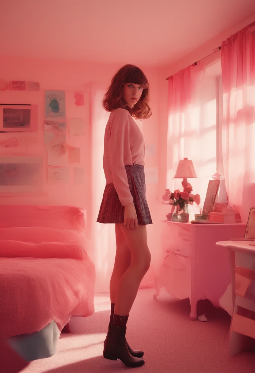 13 years old girl in retro bedroom, boudoir, Bob hair bangs, heavy boots, beautiful face, amazing body, perfect eyes, dramatic light, by JIMMY MARBLE