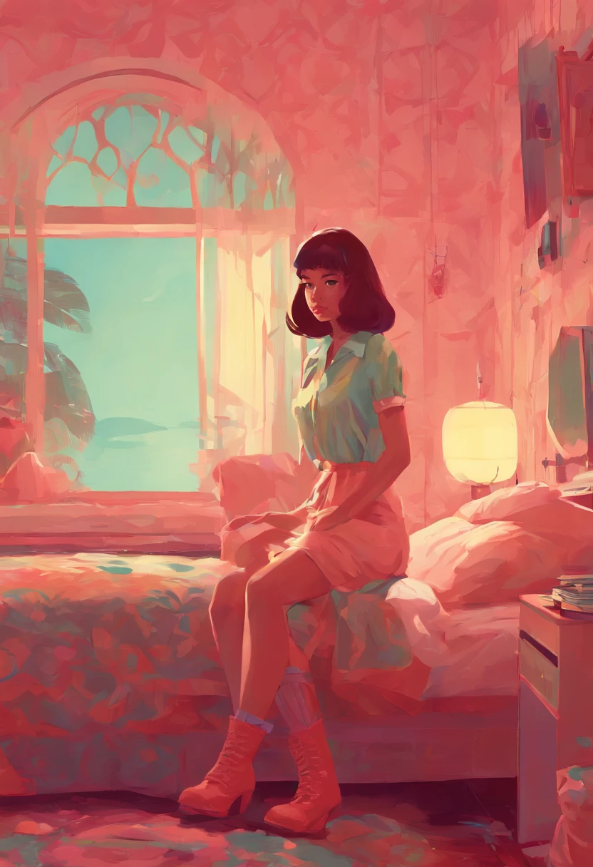 13 years old girl in retro bedroom, boudoir, Bob hair bangs, heavy boots, beautiful face, amazing body, perfect eyes, dramatic light, by JIMMY MARBLE