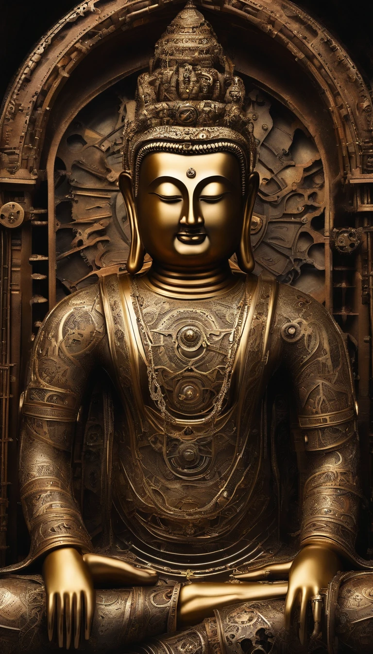 Super giant mechanical Buddha statue，Adoring crowds，In steampunk style，super-fine，8K，Works of masters，Meticulous mechanical depiction，OC renderer，