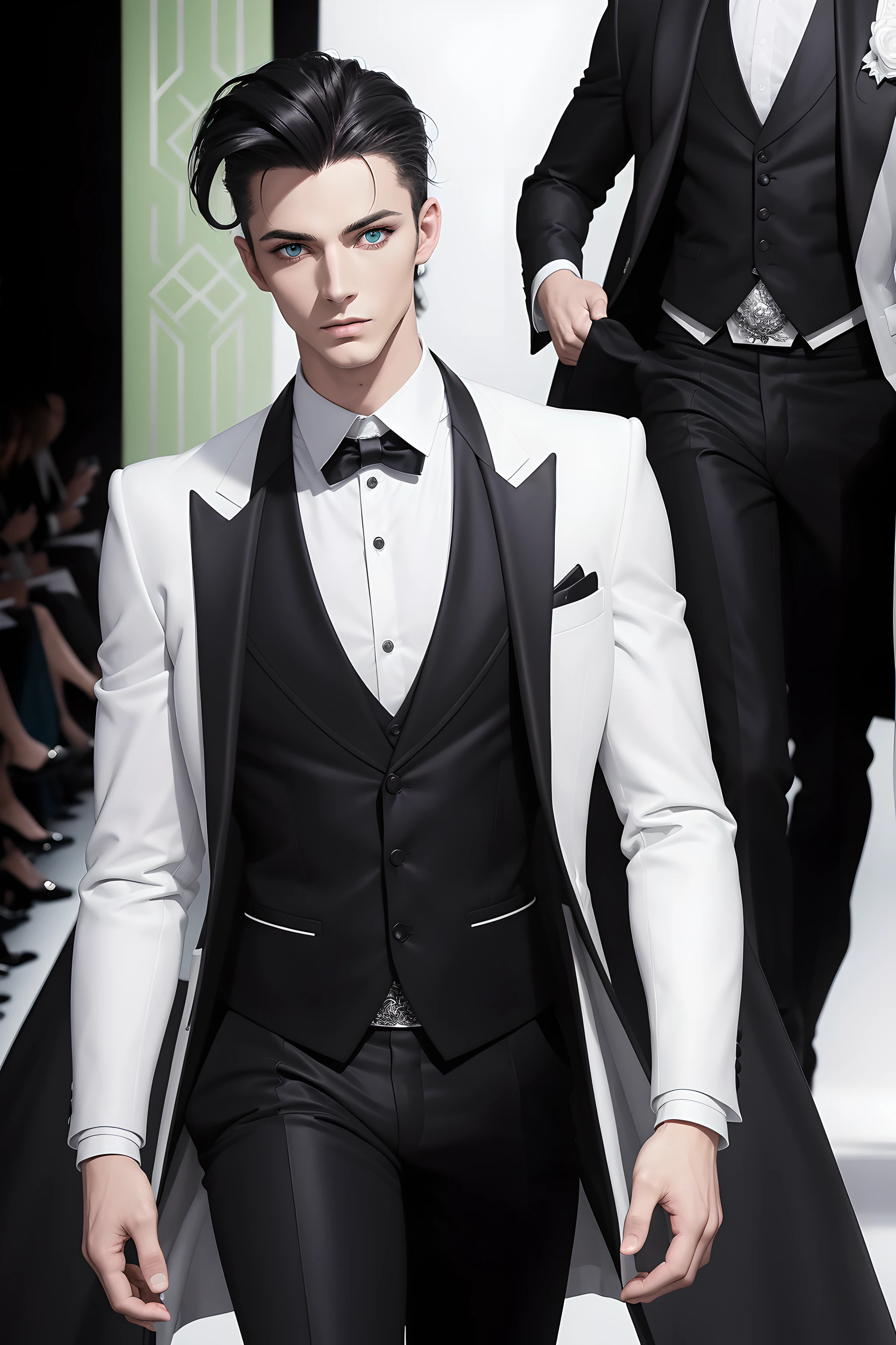 (((Masterpiece))), top quality, create an image of a sexy dapper man wearing a fashionable gothic style white suit walking down the runway, long white and black two toned hair, green eyes, highly detailed textures, absurdres, intricate details, bloom,