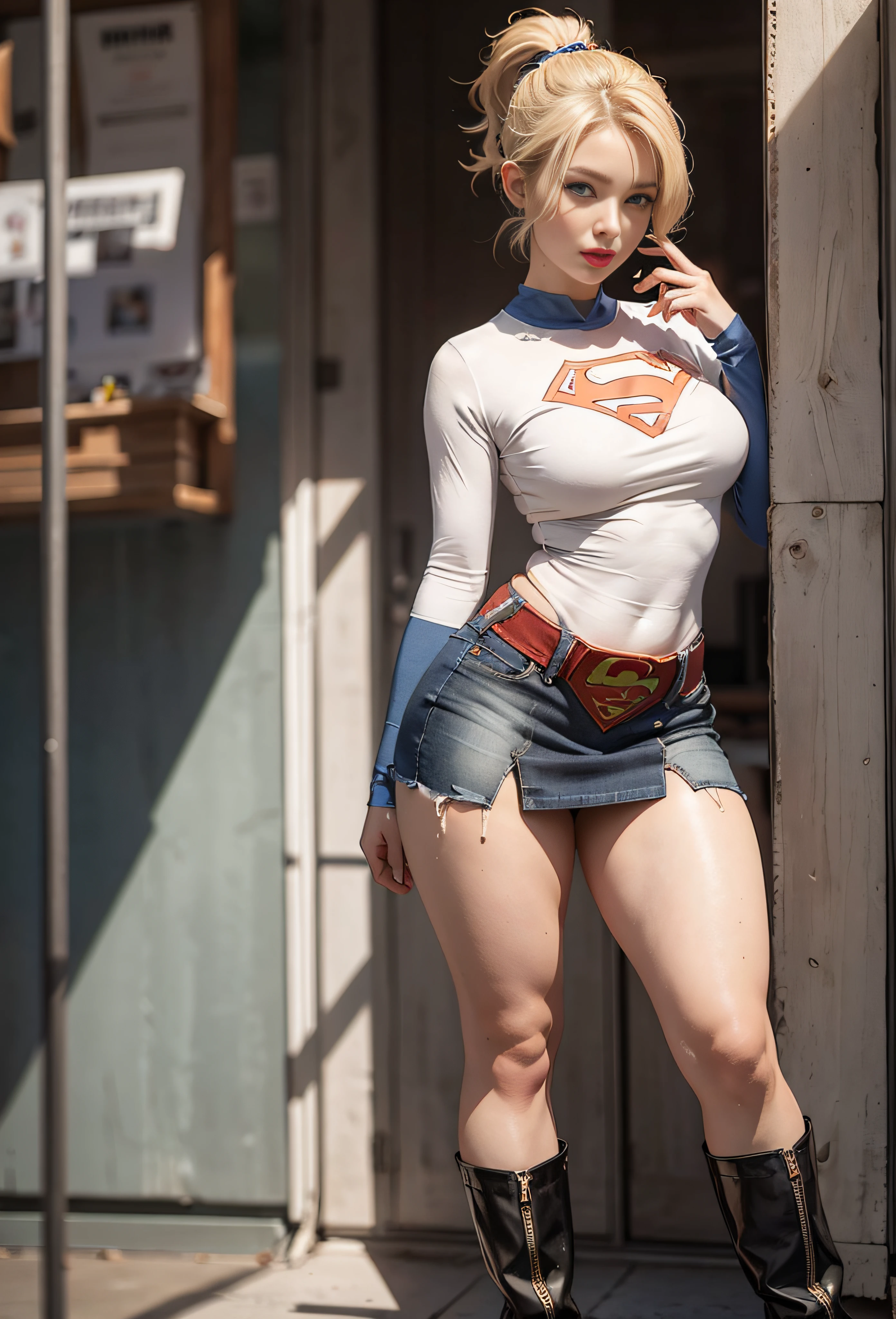 4k, realistic, charismatic, very detailed, there is a girl in the sky, dressed in a super girl costume, she is a super girl, superhero theme, blonde short hair, ponytail, 20 years, full body, (detail in the eyes), (detail in the face), incredibly beautiful, blue eyes, blush, makeup, red lipstick, miniskirt, (wide hips), (thick thighs), small breasts, dress,, seductive pose, (extreme hourglass figure), thin, svelte, white skirt, boots, tight t-shirt